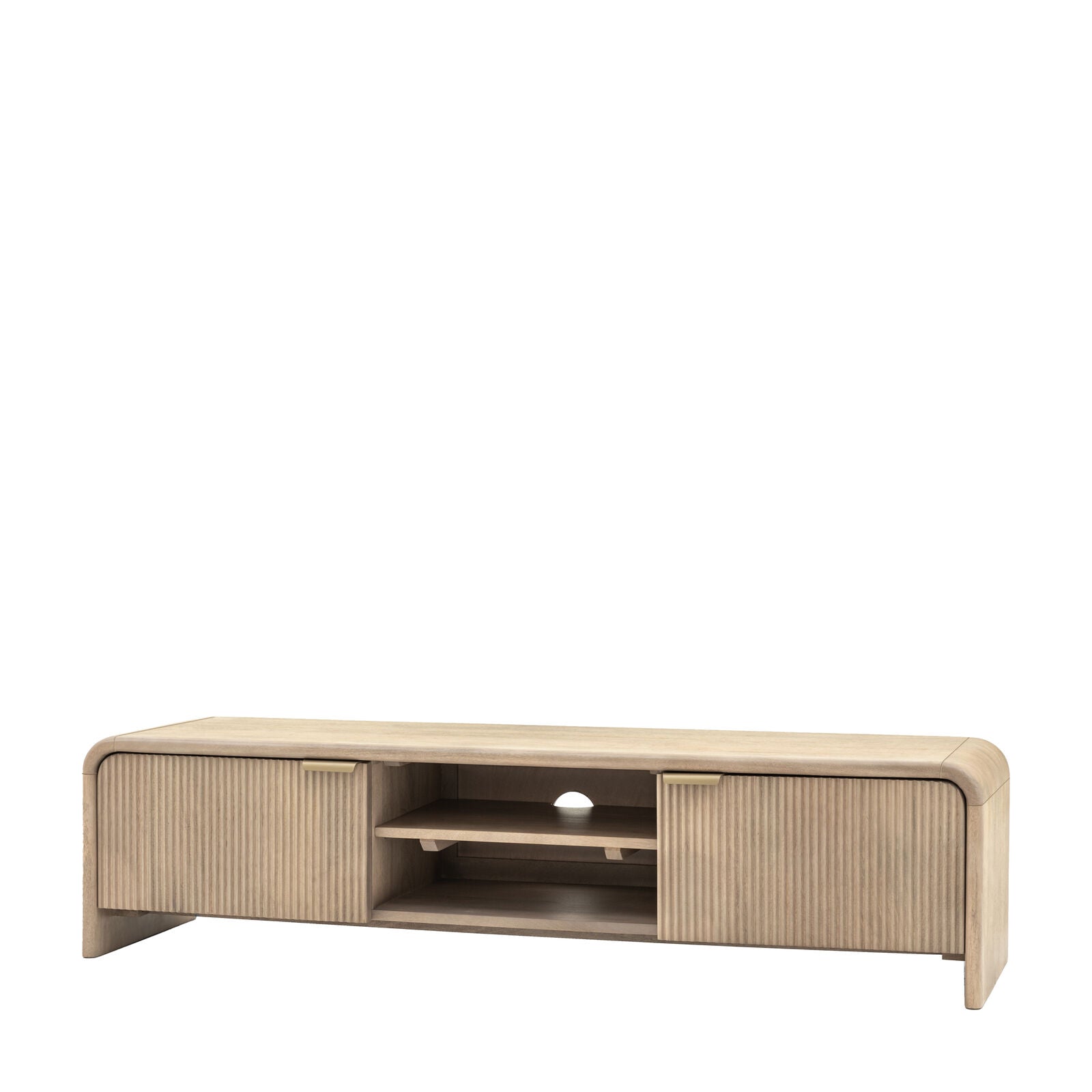 Rocca mango media unit with curved edges and fluted doors | malletandplane.com