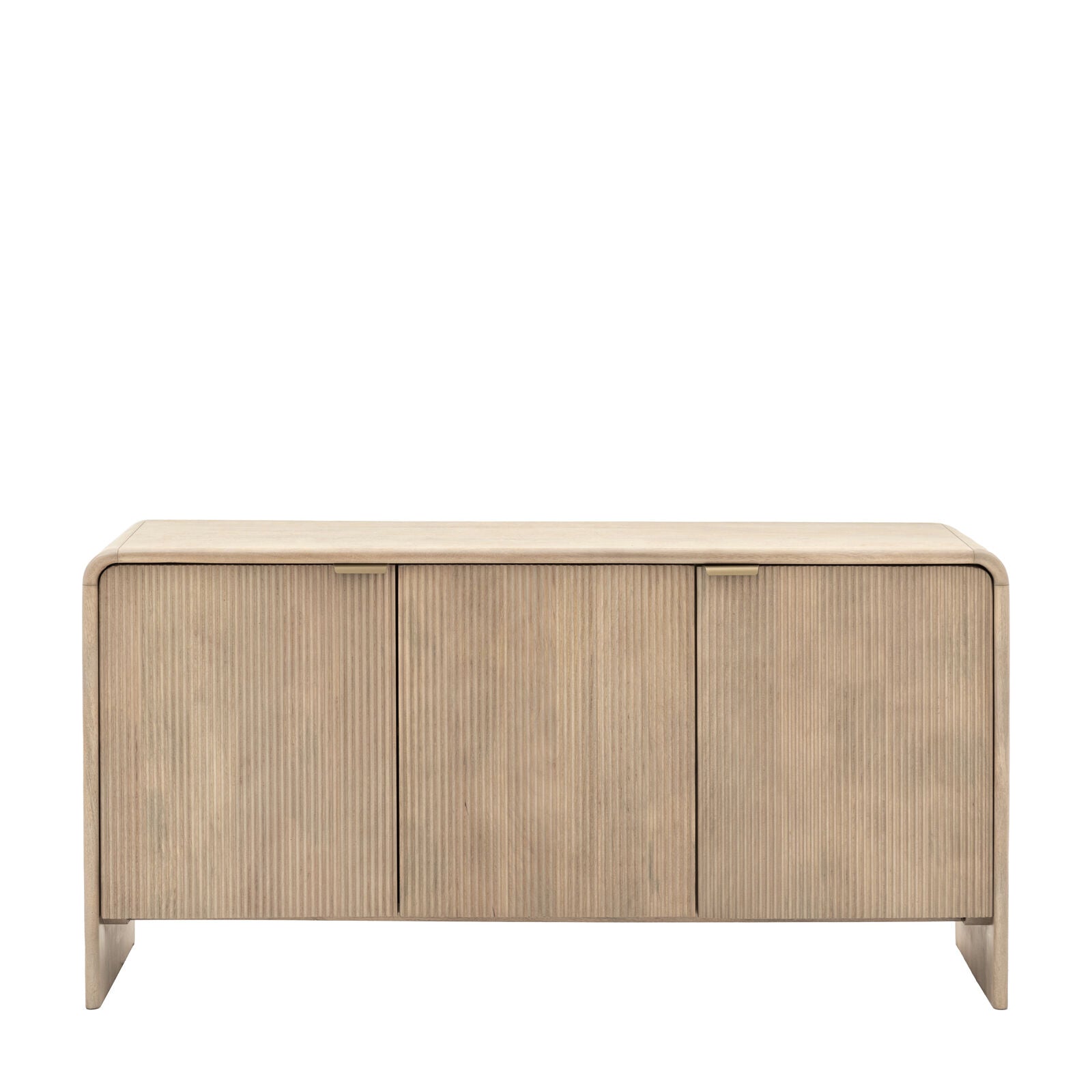 Rocca mango 3 door sideboard with fluted door fronts, curved edges and brushed brass hardware | malletandplane.com