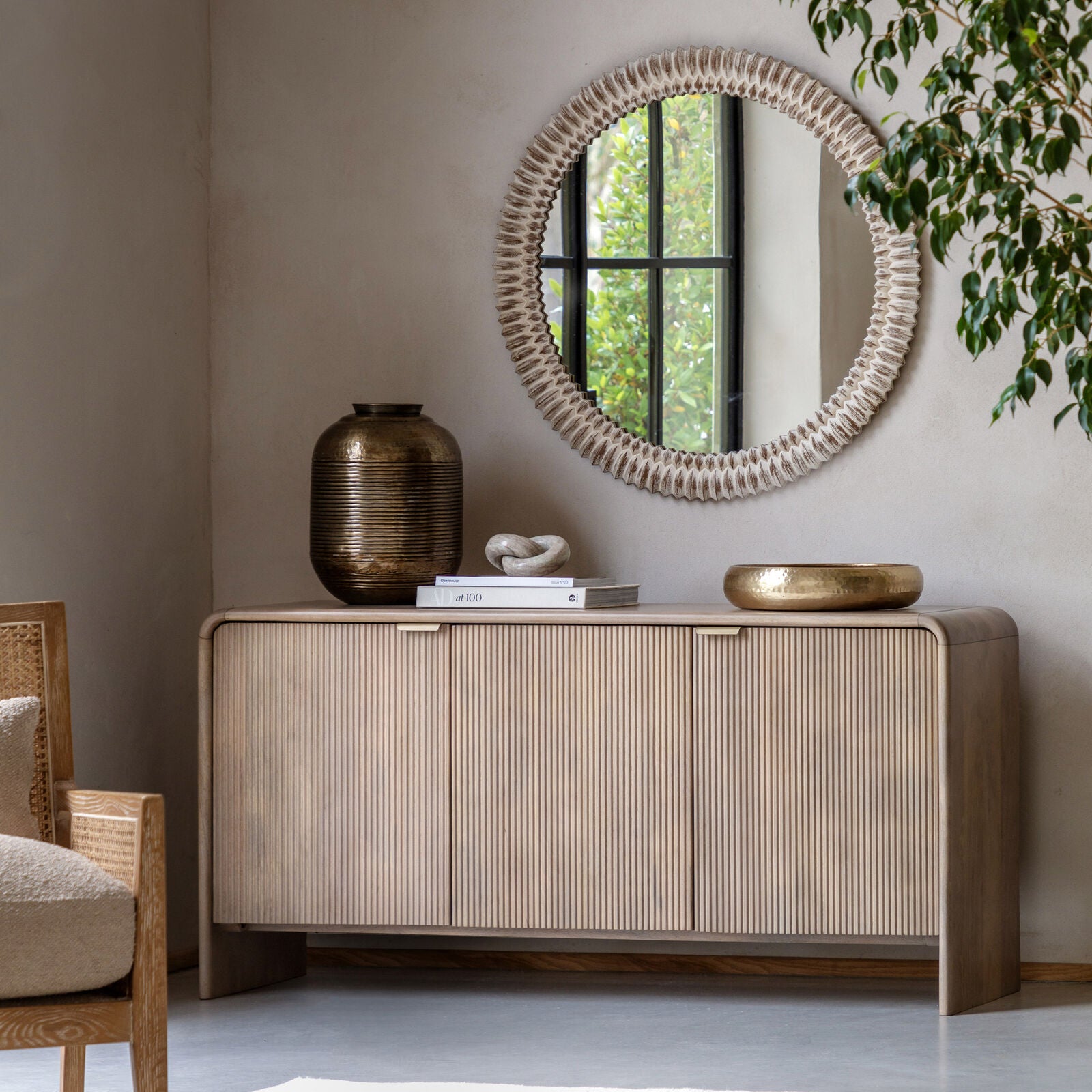 Rocca mango 3 door sideboard with fluted door fronts, curved edges and brushed brass hardware | malletandplane.com