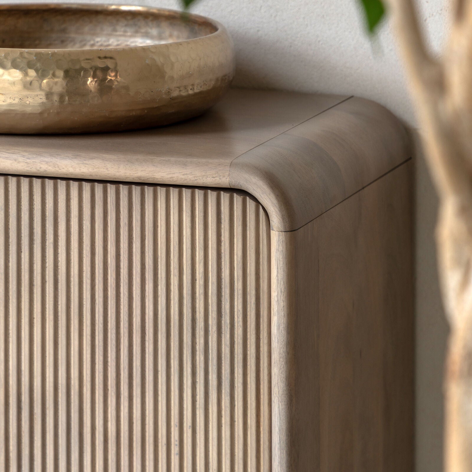 Rocca mango 3 door sideboard with fluted door fronts, curved edges and brushed brass hardware | malletandplane.com