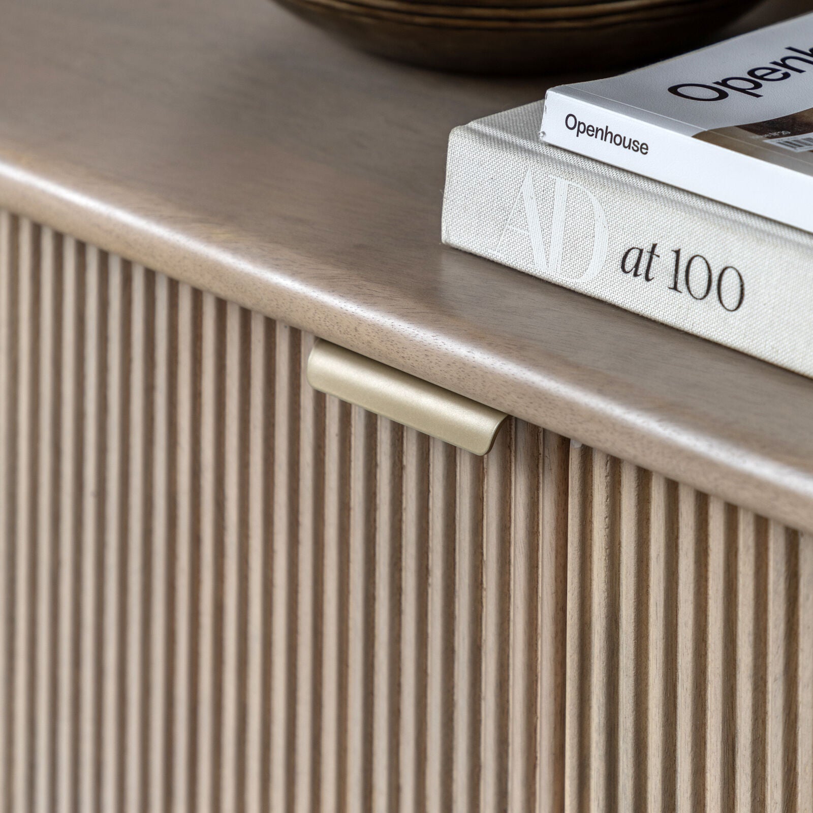 Rocca mango 3 door sideboard with fluted door fronts, curved edges and brushed brass hardware | malletandplane.com