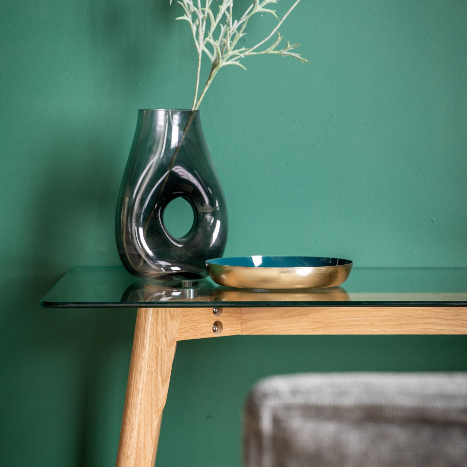 Shelton glass topped contemporary style desk with oak base | malletandplane.com