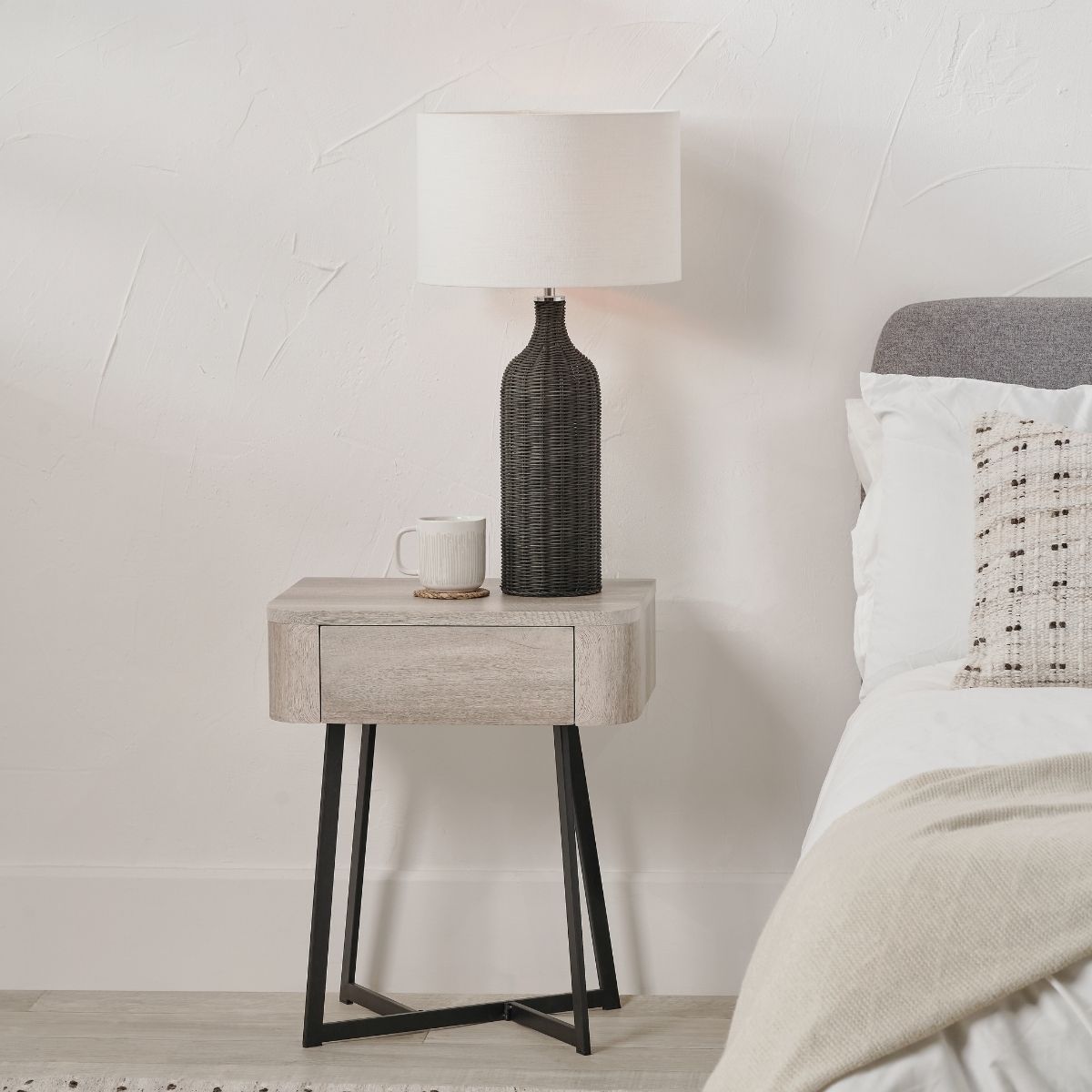 SORA Grey Oak & Black Metal Bedside Table | malletandplane.com