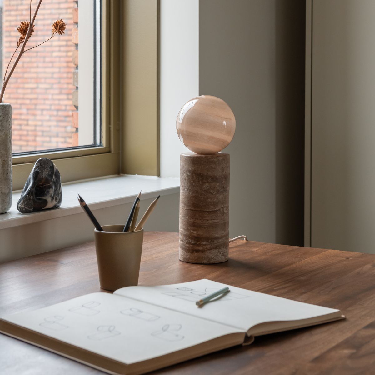 TIVOLI Sand Travertine Table Lamp with Glass Globe