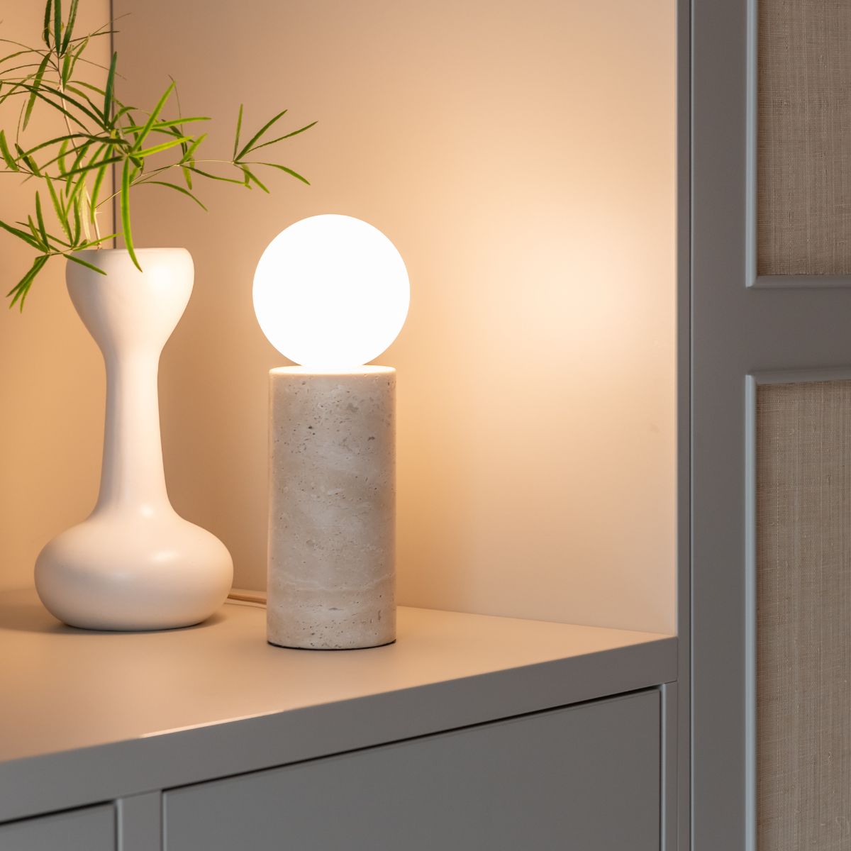 TIVOLI White Travertine Table Lamp with Glass Globe