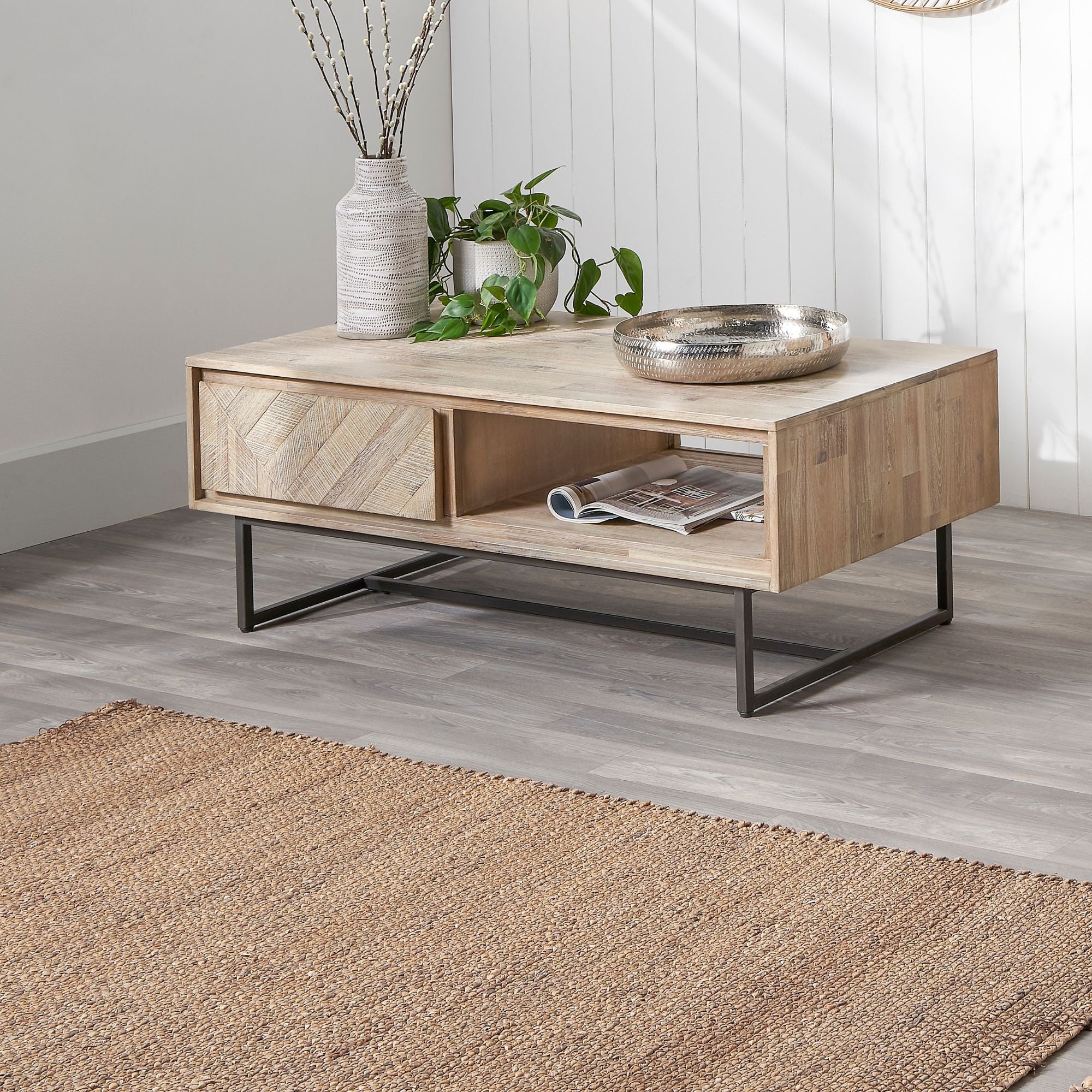 TORVIK sand washed acacia wood coffee table with 2 drawers and open slot | malletandplane.com