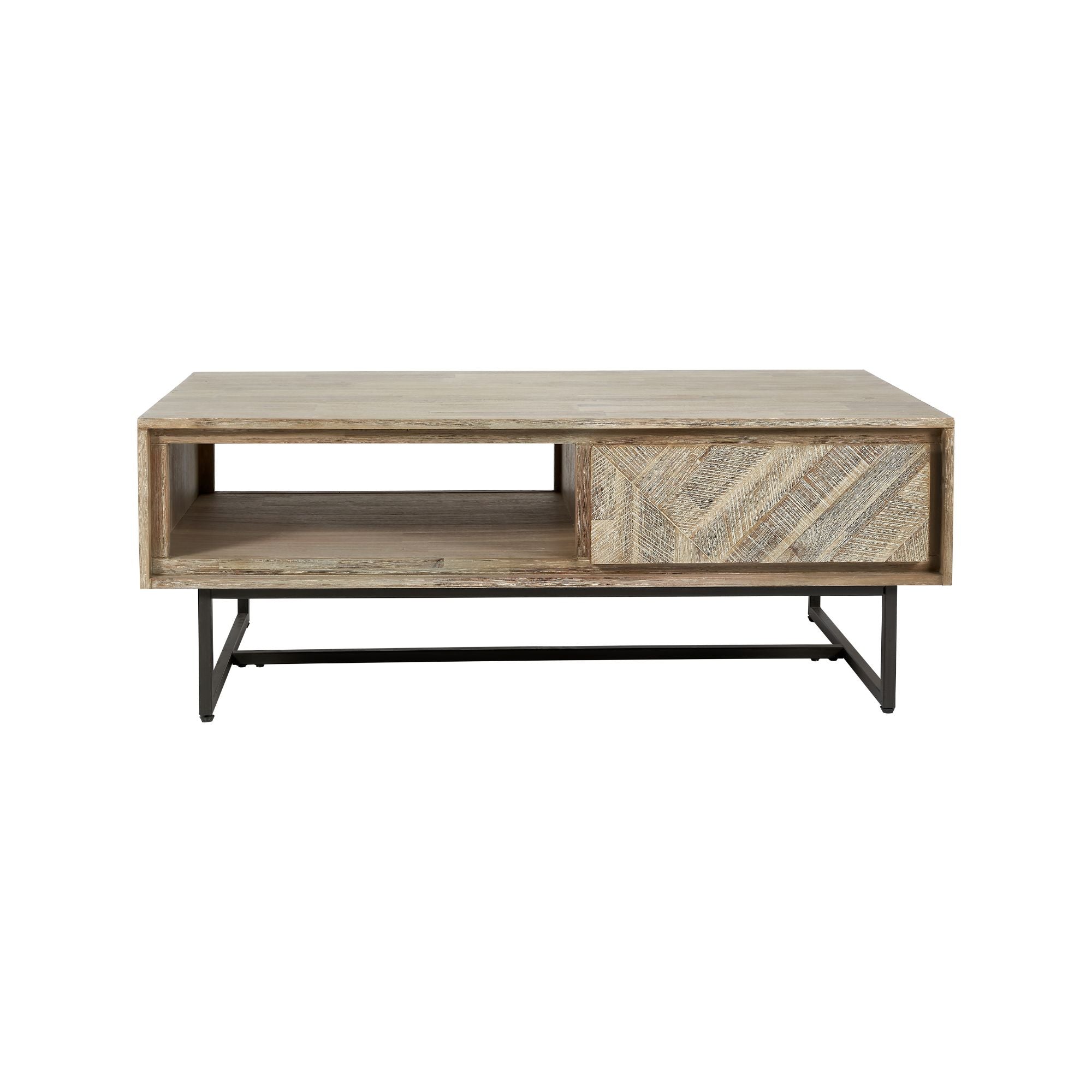 TORVIK sand washed acacia wood coffee table with 2 drawers and open slot | malletandplane.com