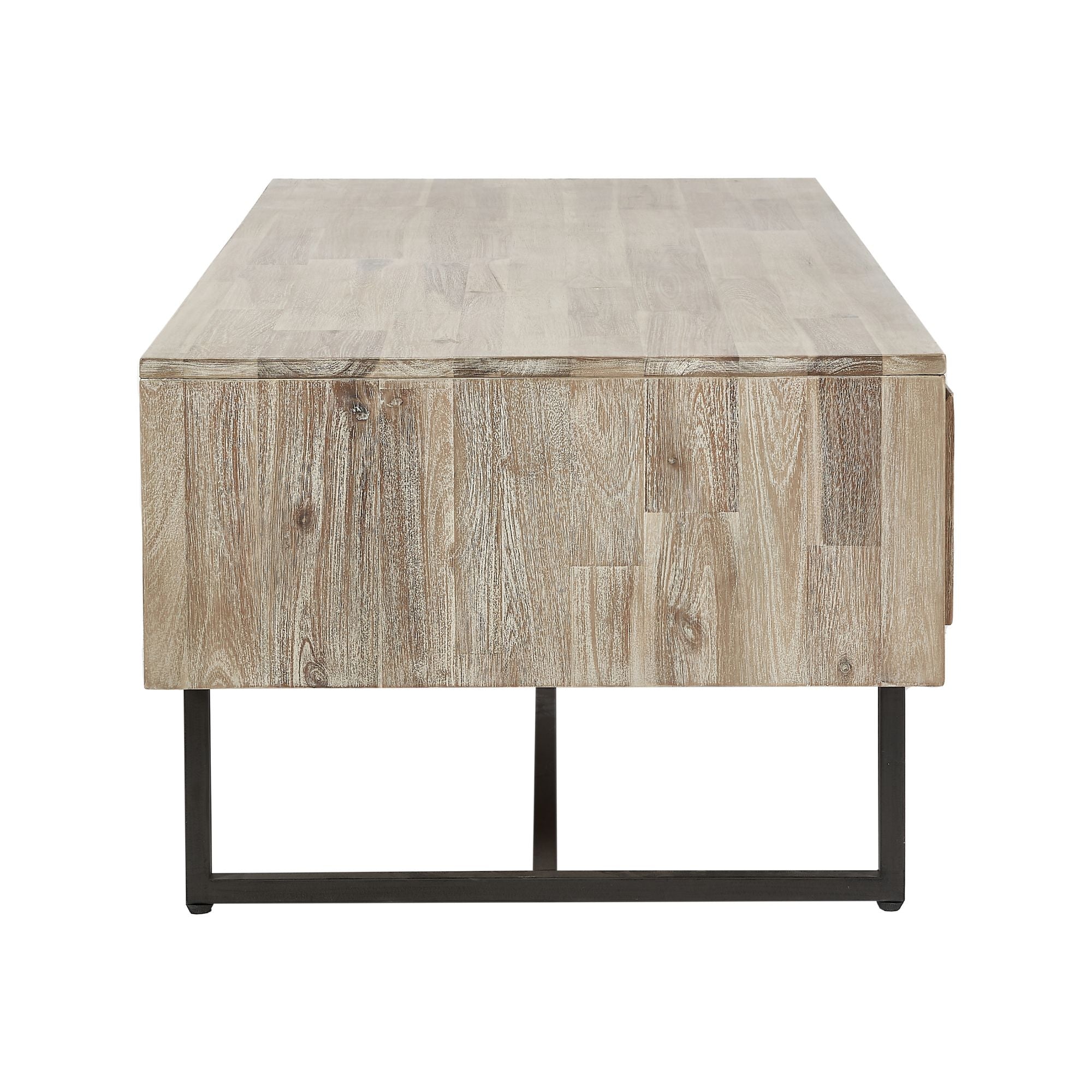 TORVIK sand washed acacia wood coffee table with 2 drawers and open slot | malletandplane.com