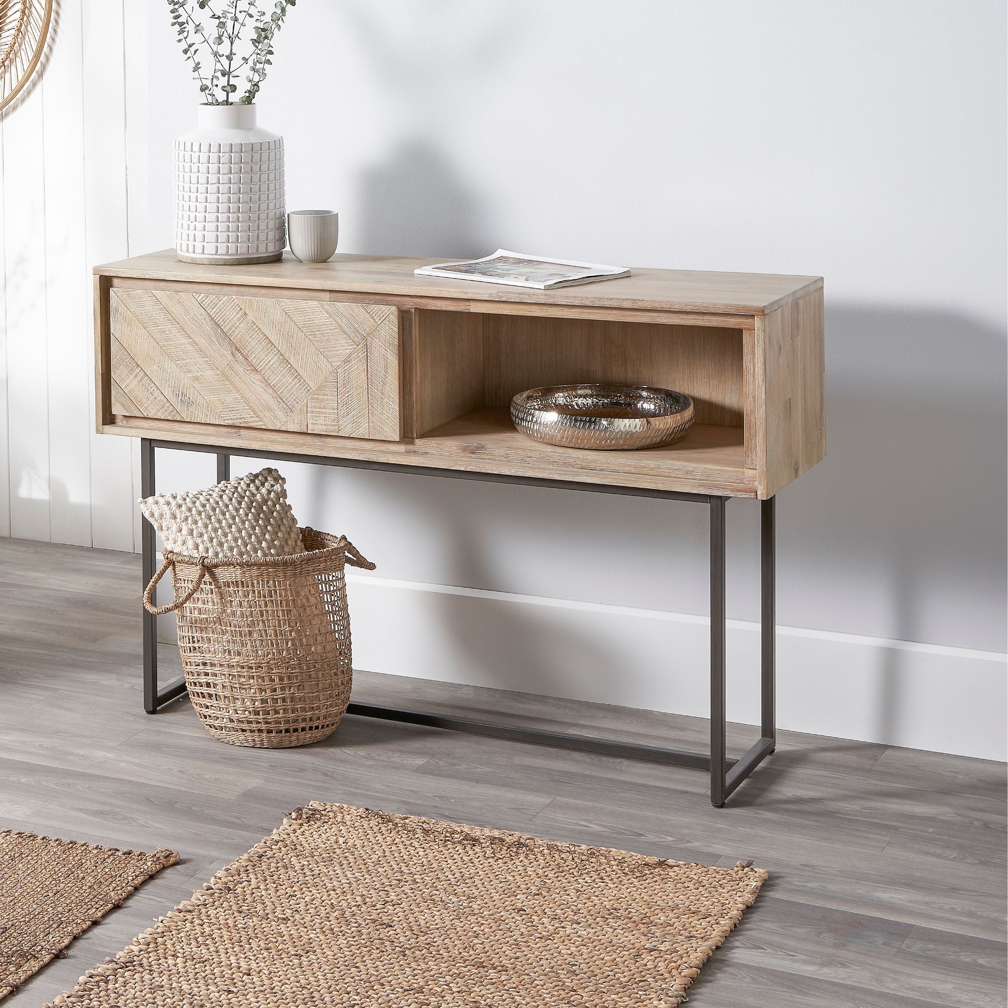 Torvik sand washed solid acacia wood console table with 1 drawer and 1 open niche | malletandplane.com