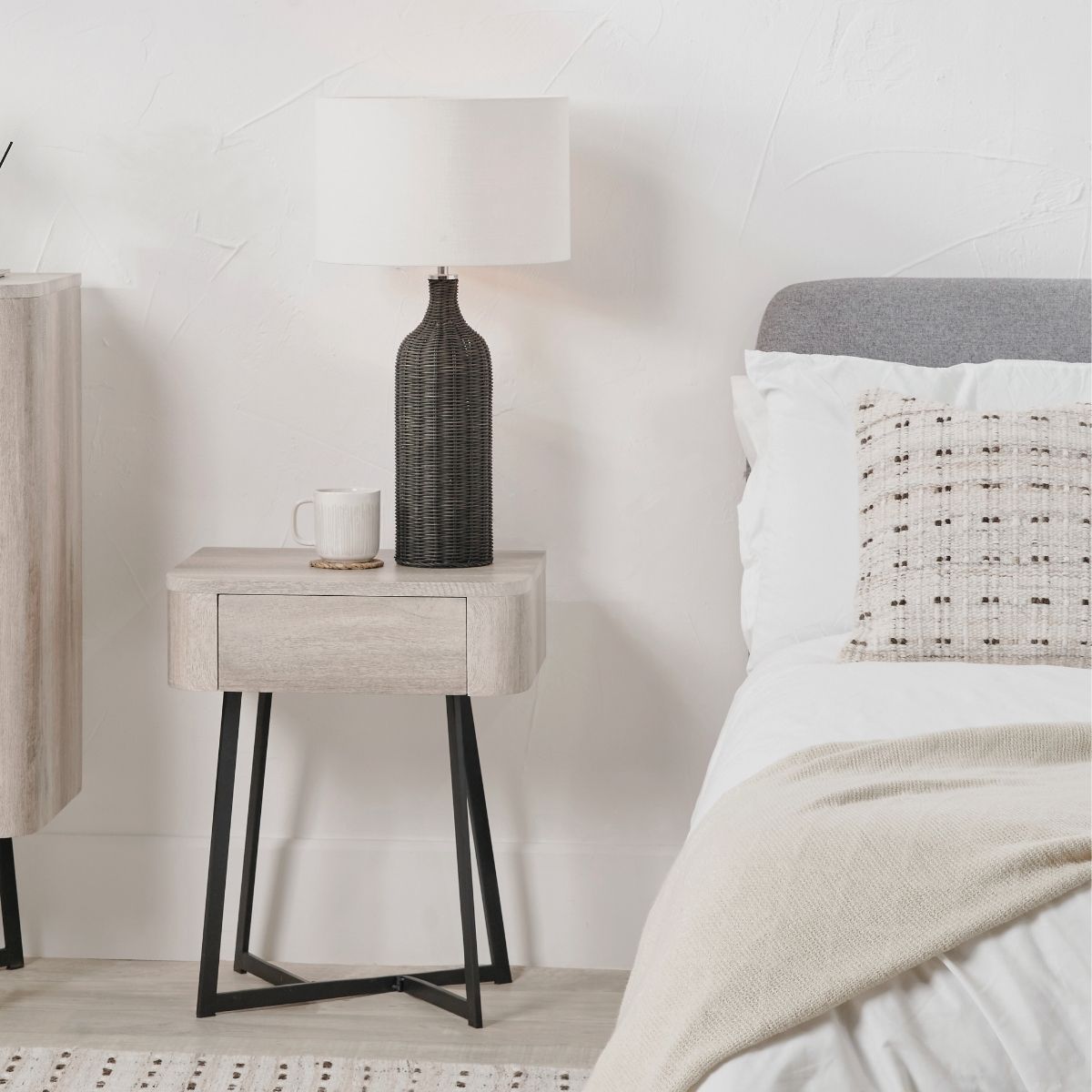 UKIAH Grey Oak & Black Metal Bedside Table | malletandplane.com