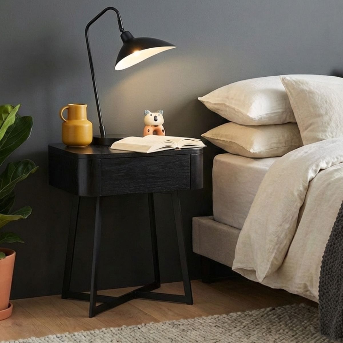 UKIAH Black Ash & Metal Bedside Table