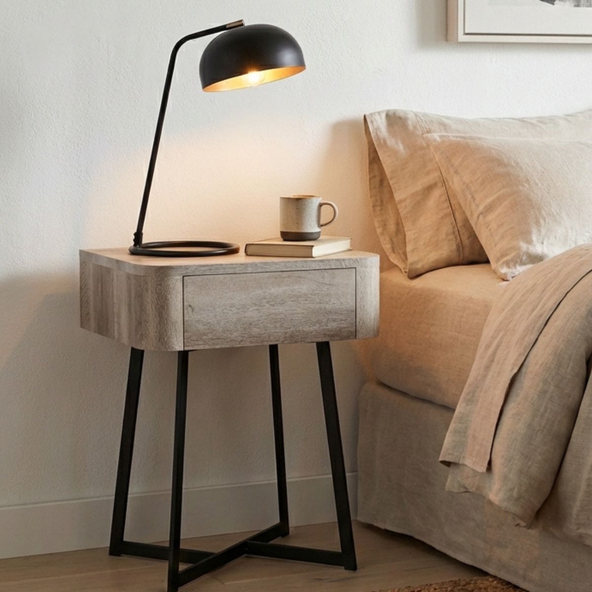 UKIAH Grey Oak & Black Metal Bedside Table