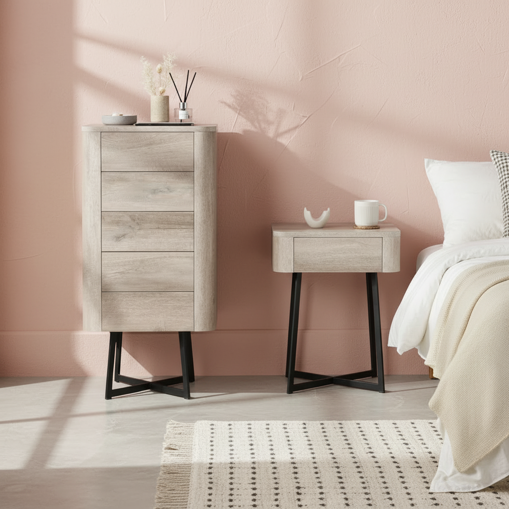 UKIAH Grey Oak Veneer 5 Drawer Tall Boy