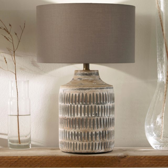 VIDAR Grey Wash Mango Wood Table Lamp – 30cm Steel Grey Shade | malletandplane.com