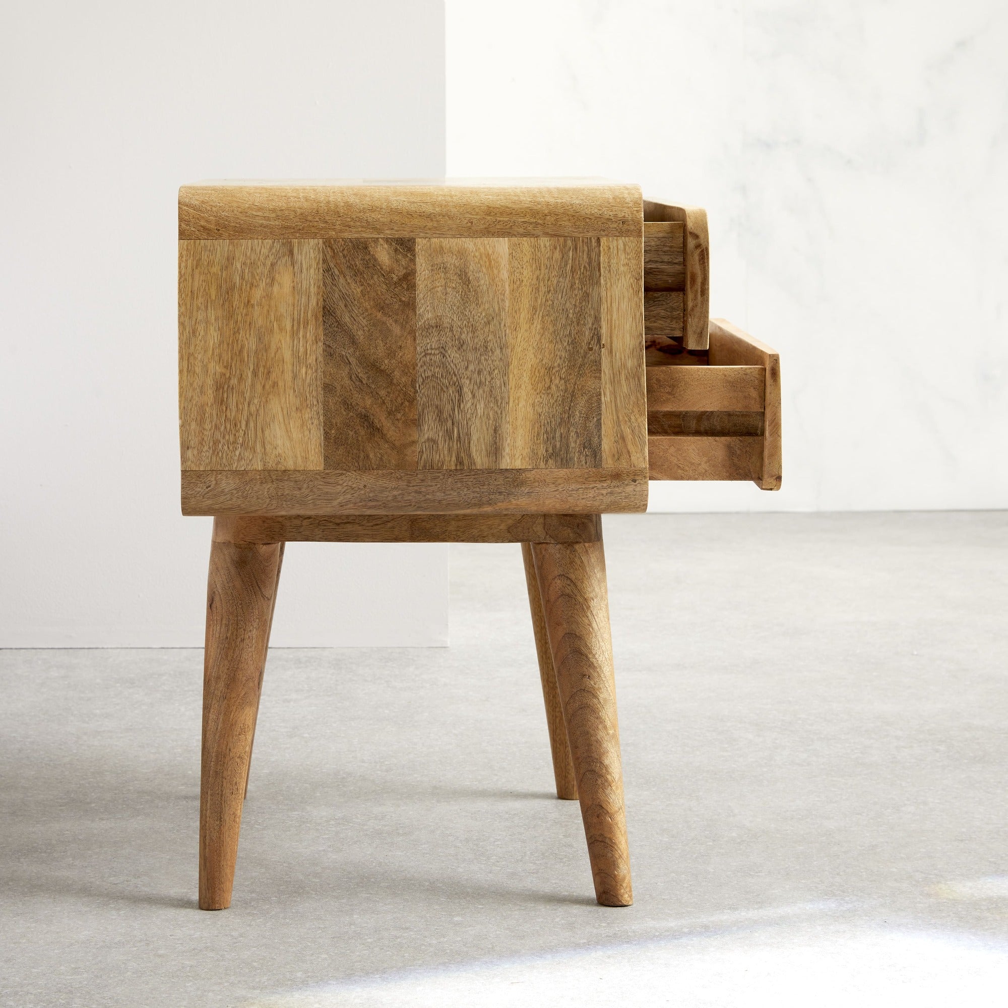 Modal solid wood bedside table with 2 drawers in a natural oak-ish finish | malletandplane.com