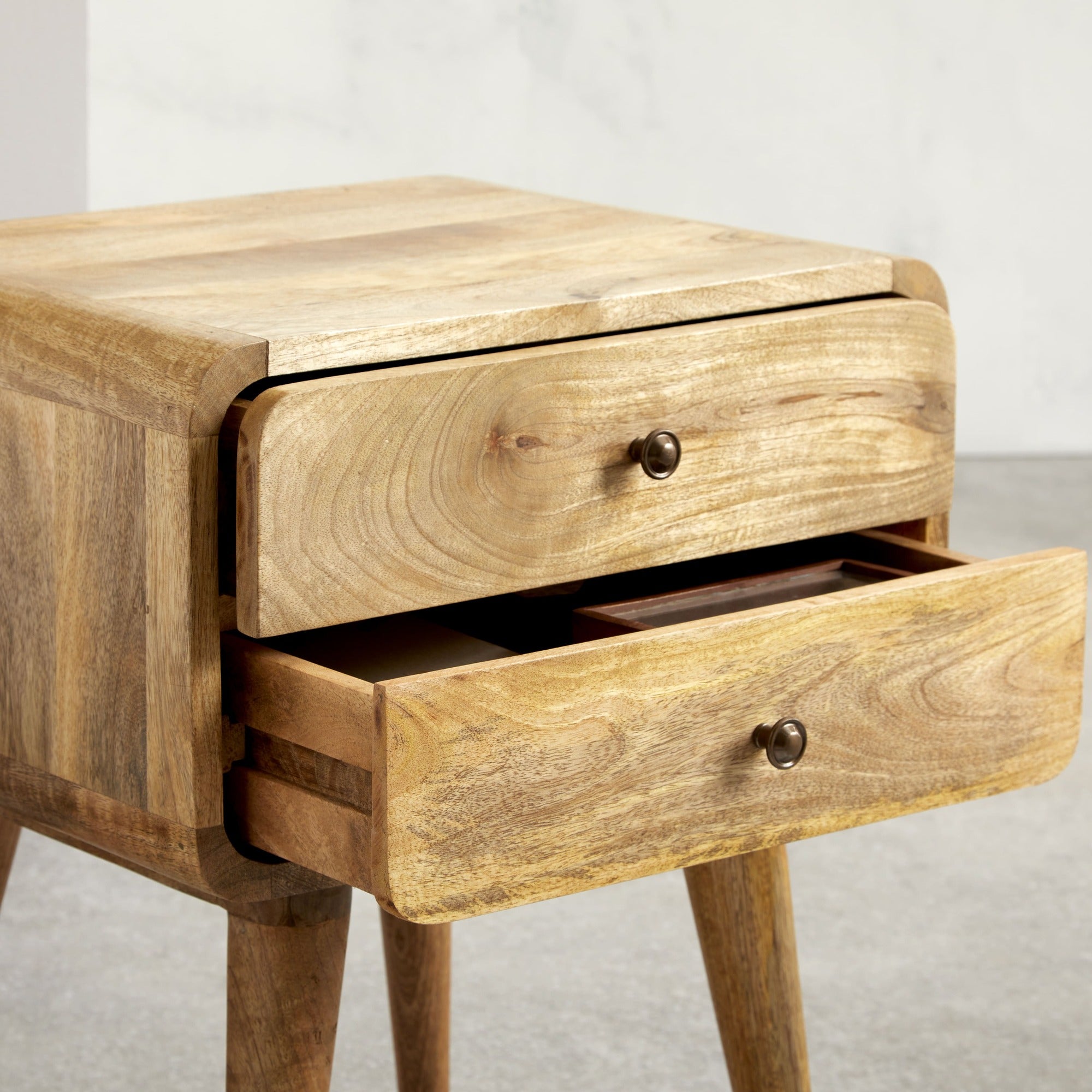 Modal solid wood bedside table with 2 drawers in a natural oak-ish finish | malletandplane.com