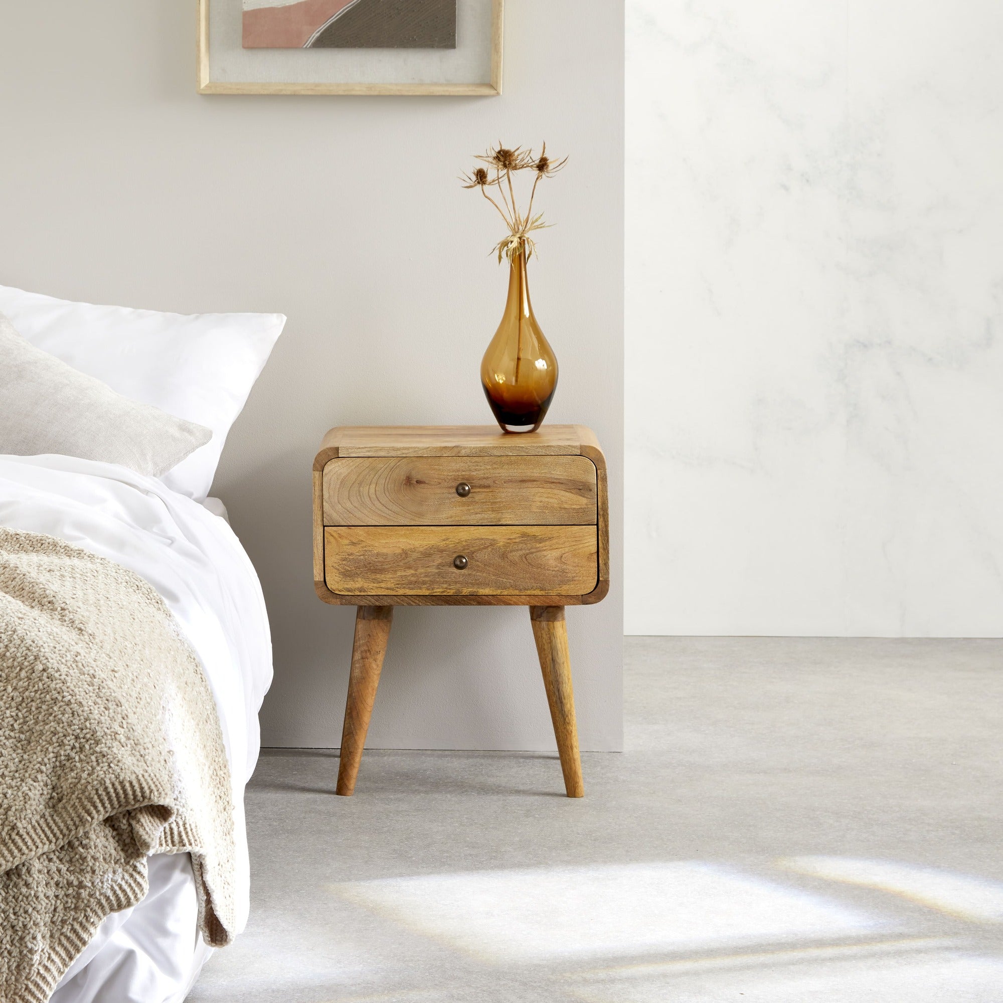 Modal solid wood bedside table with 2 drawers in a natural oak-ish finish | malletandplane.com