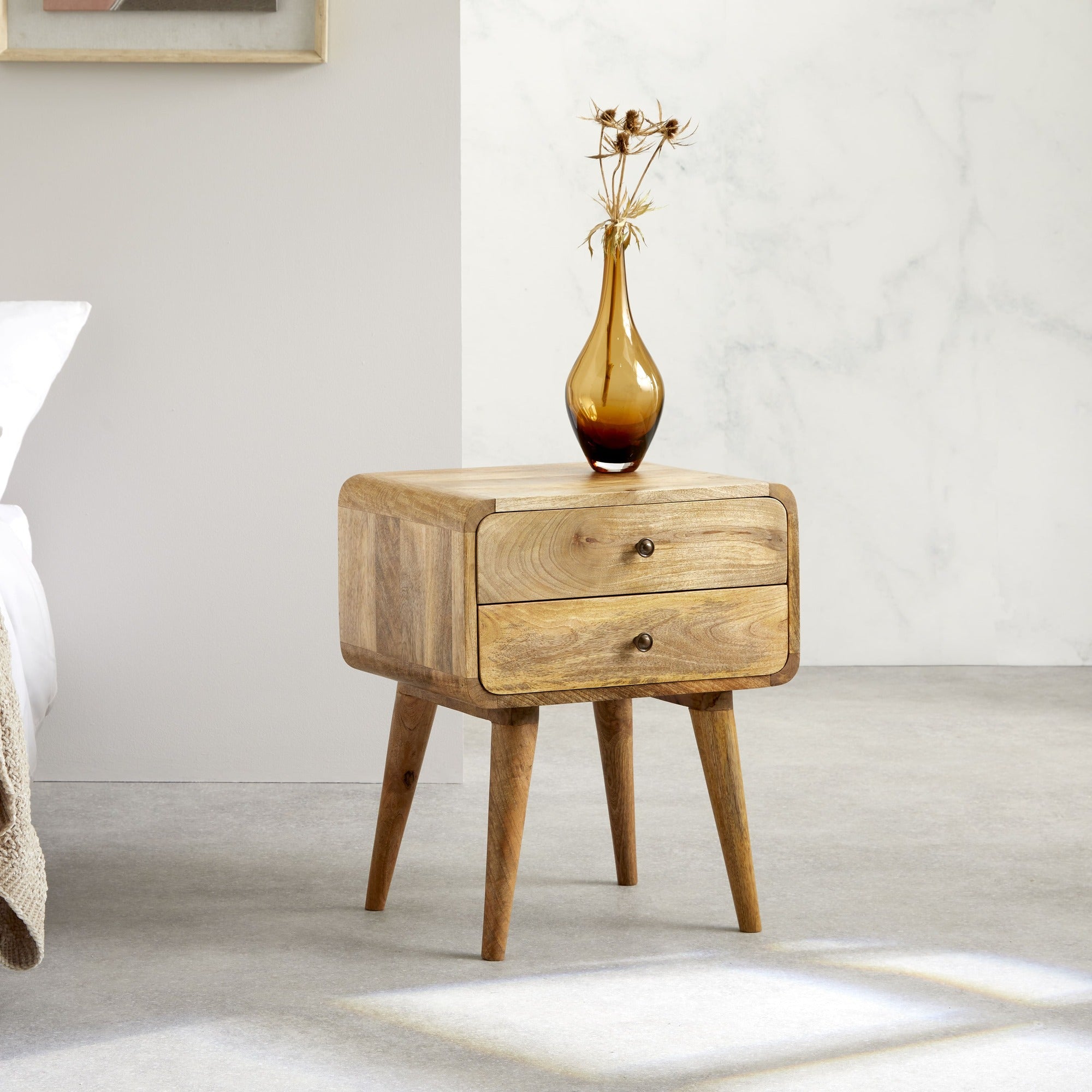 Modal solid wood bedside table with 2 drawers in a natural oak-ish finish | malletandplane.com