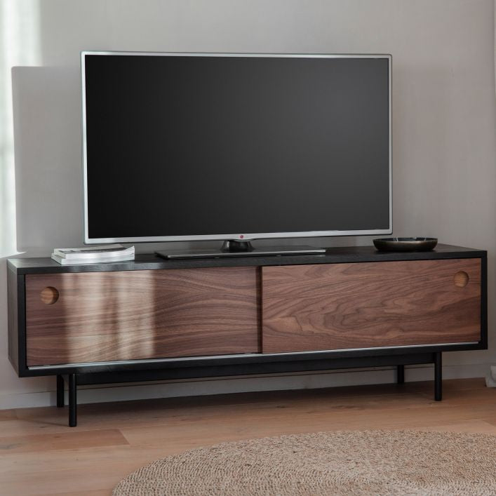 CITY TV Stand in black with walnut  and 2 sliding doors 1400 mm wide | MalletandPlane.com