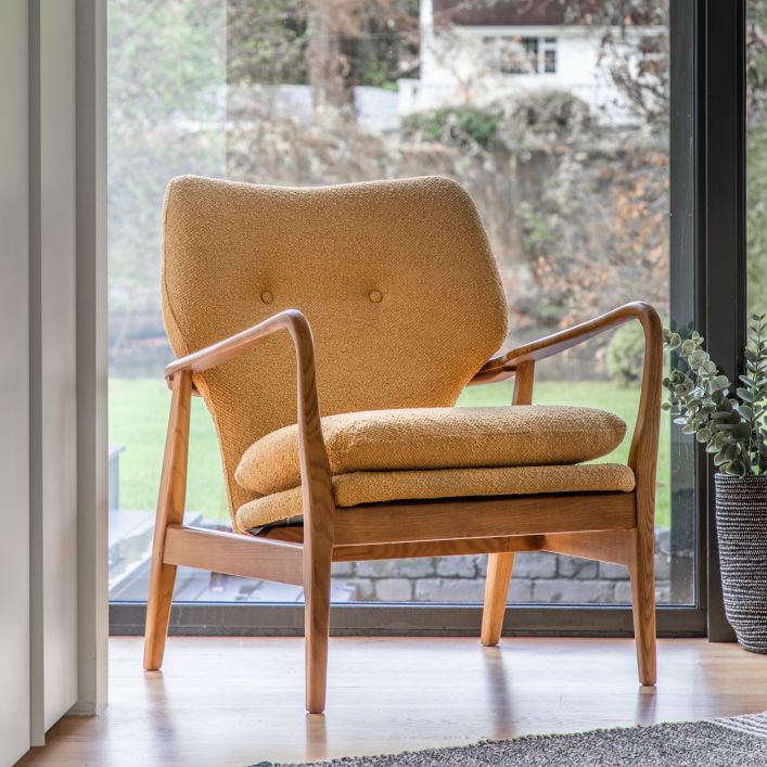 Arny Mid Century Style Small Armchair in Ochre linen with button detail | MalletandPlane.com