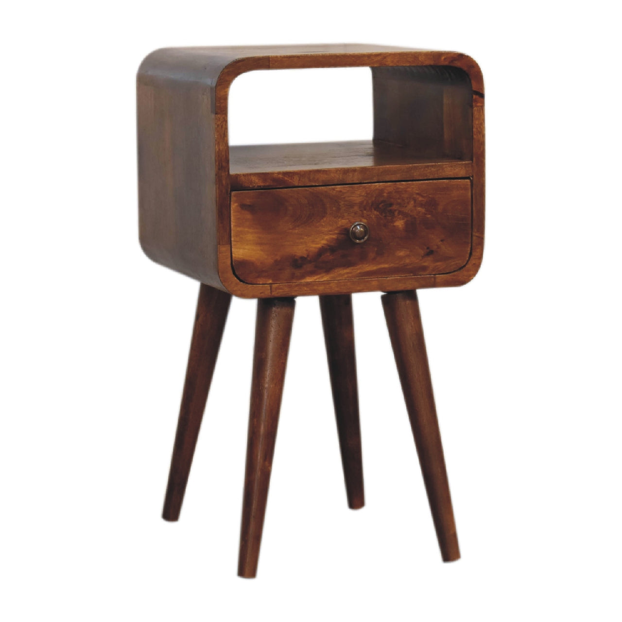Mini Century Open Slot Compact Solid Wood Bedside Table in Deep Chestnut Finish | MalletandPlane.com
