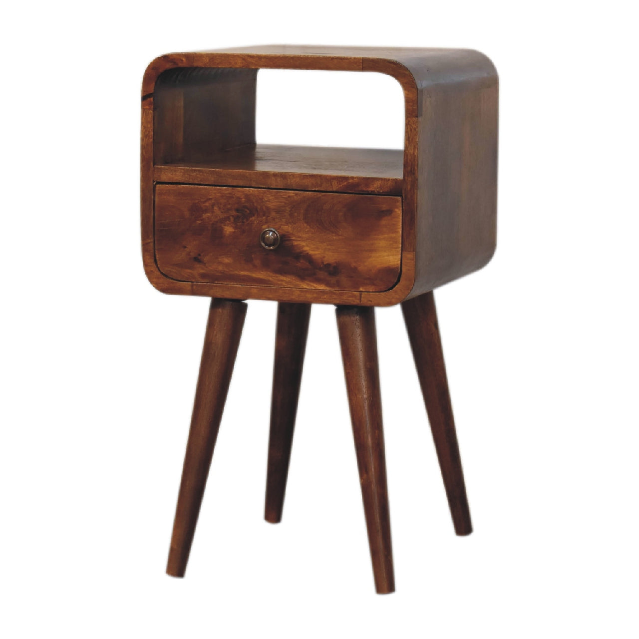 Mini Century Open Slot Compact Solid Wood Bedside Table in Deep Chestnut Finish | MalletandPlane.com