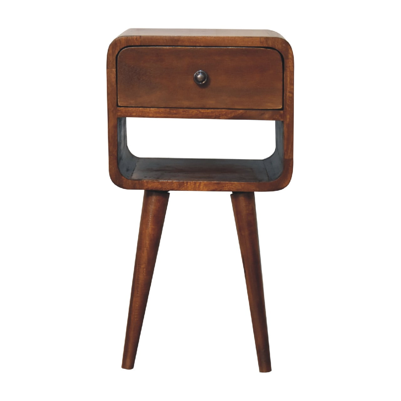 Mini Century Lower Open Slot Solid Wood Compact Bedside Table in Chestnut Finish | MalletandPlane.com