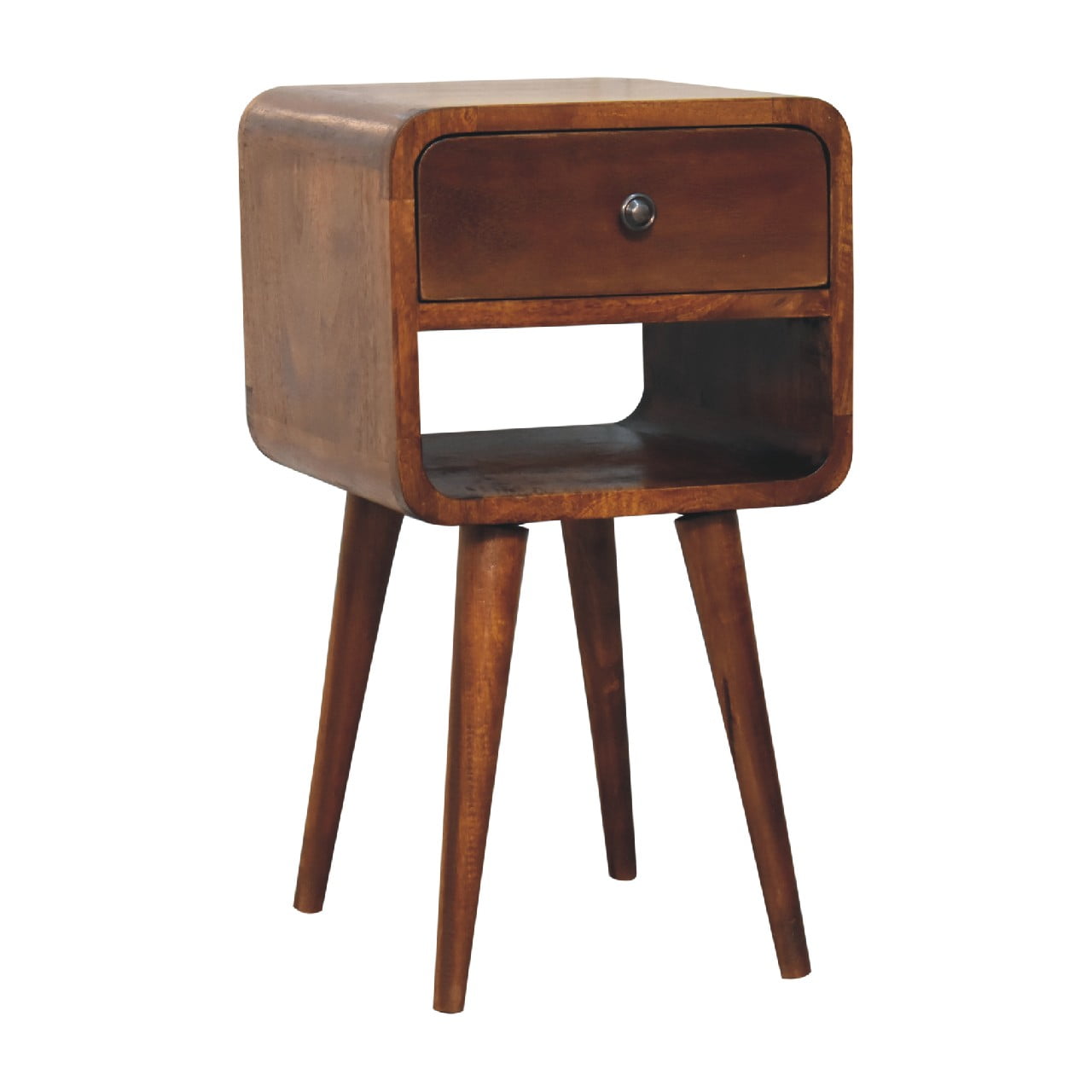 Mini Century Lower Open Slot Solid Wood Compact Bedside Table in Chestnut Finish | MalletandPlane.com