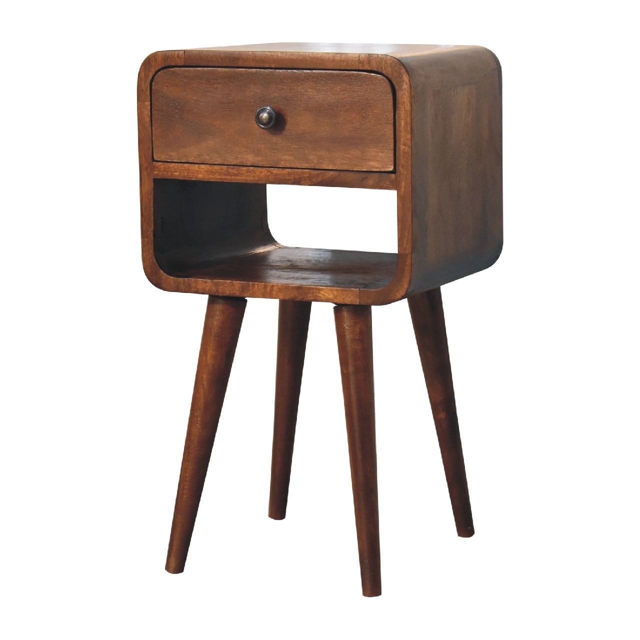 Mini Century Lower Open Slot Solid Wood Compact Bedside Table in Chestnut Finish | MalletandPlane.com