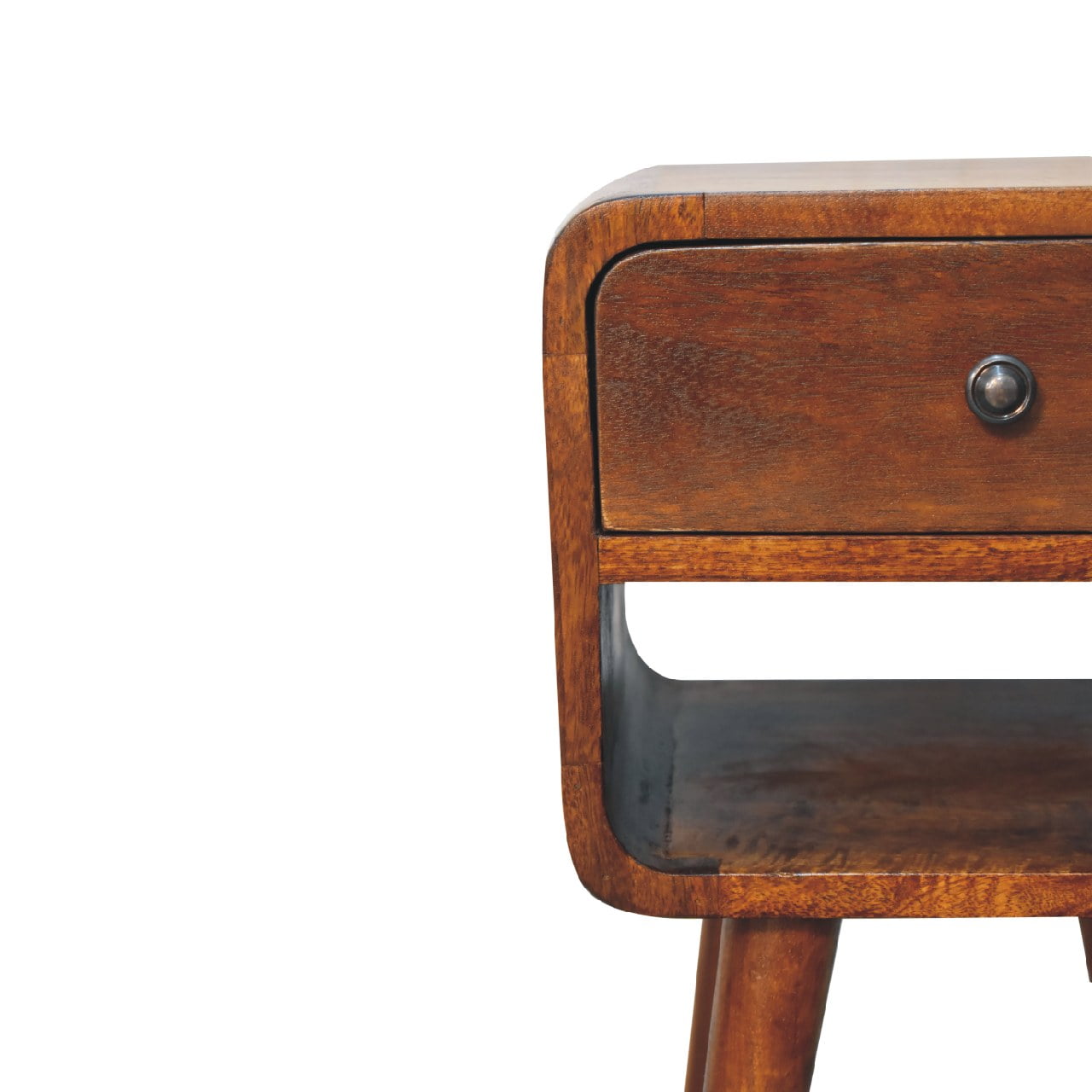Mini Century Lower Open Slot Solid Wood Compact Bedside Table in Chestnut Finish | MalletandPlane.com