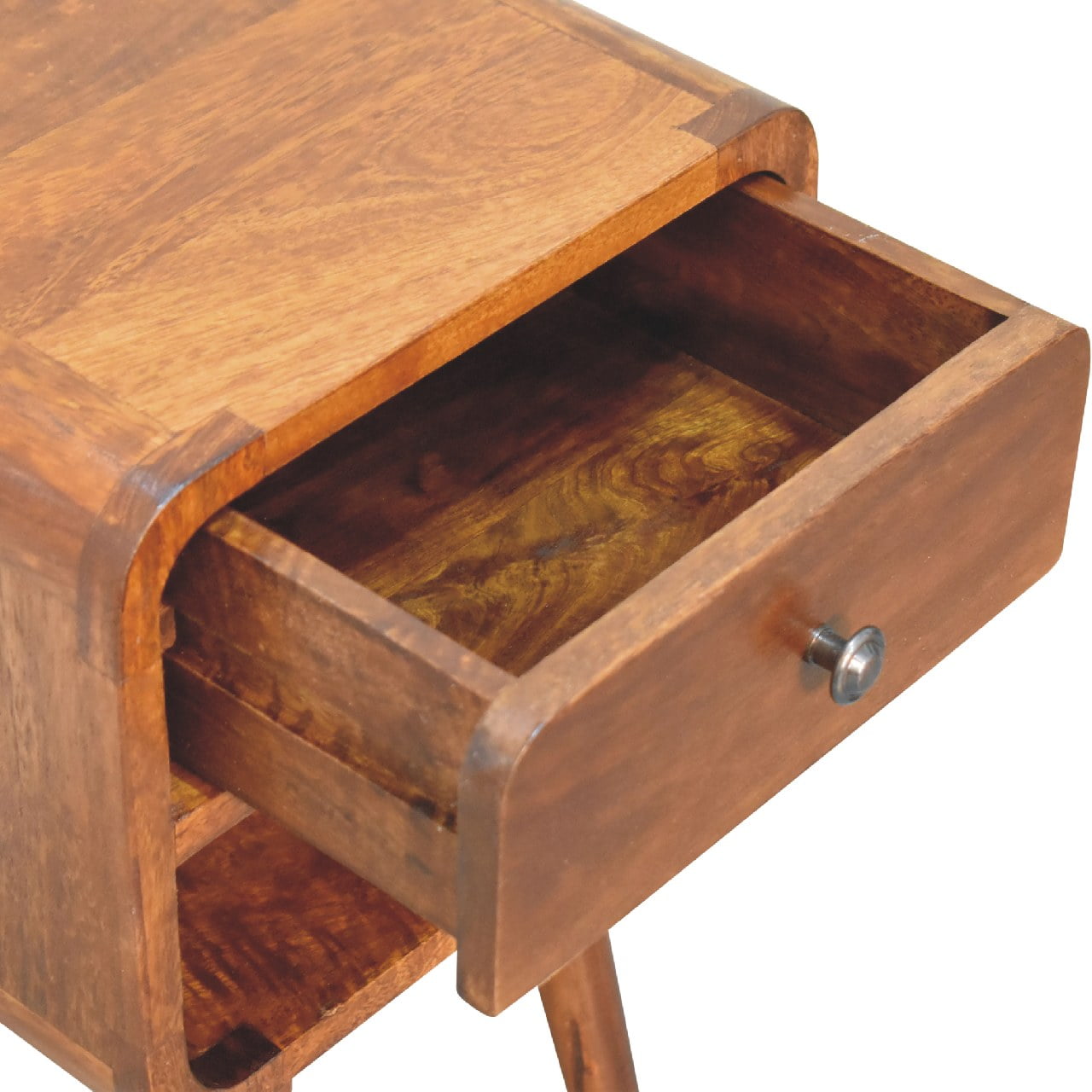 Mini Century Lower Open Slot Solid Wood Compact Bedside Table in Chestnut Finish | MalletandPlane.com