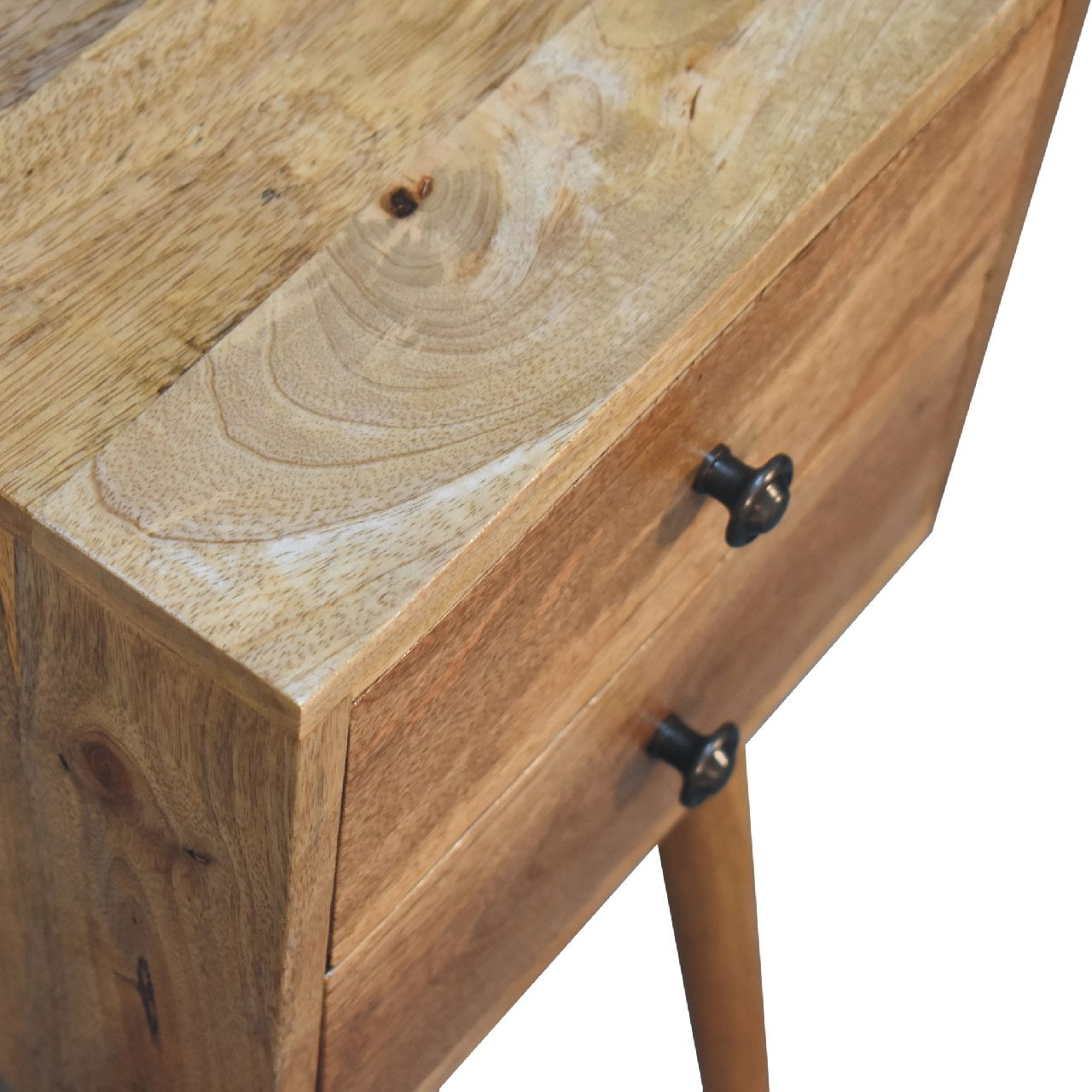 Joel handmade solid wood narrow bedside table with 2 drawers in natural finish