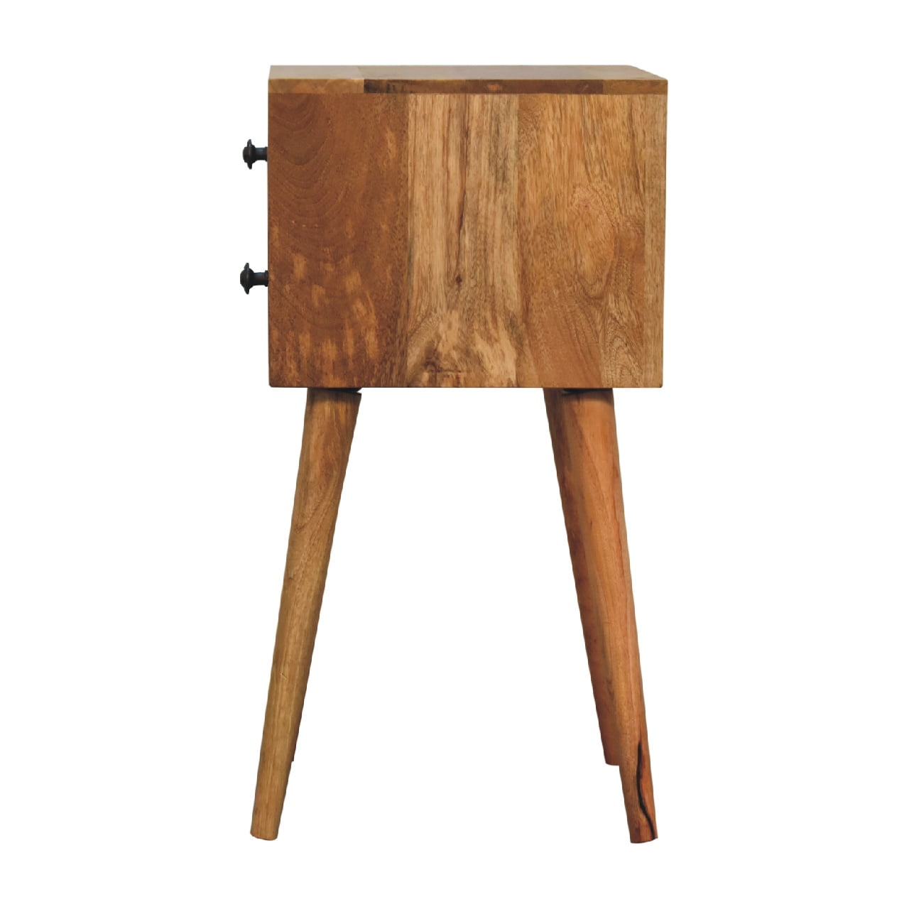 Joel handmade solid wood narrow bedside table with 2 drawers in natural finish