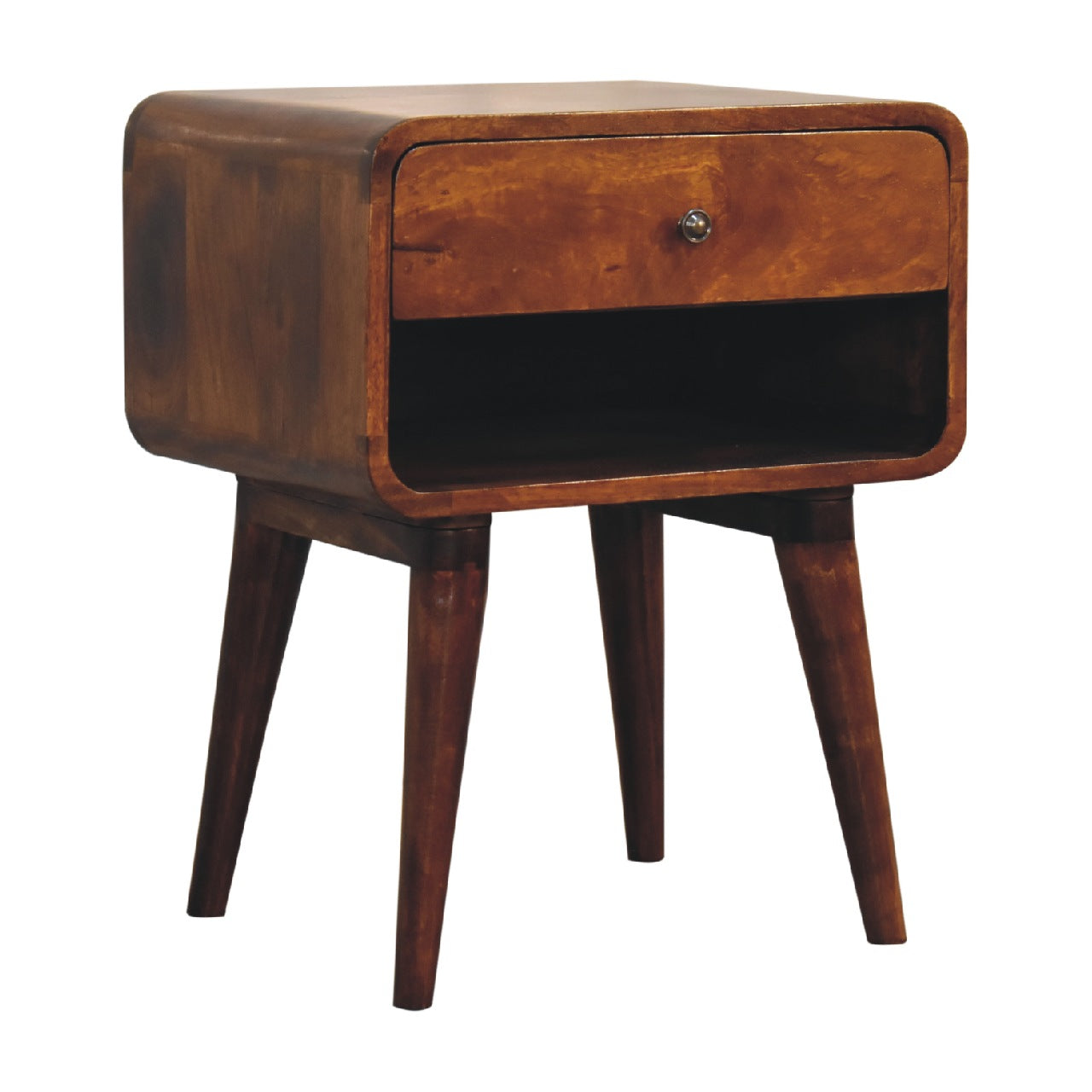 Centurion Open Slot Solid Wood Mid Century Modern Bedside Table in Deep Chestnut | MalletandPlane.com