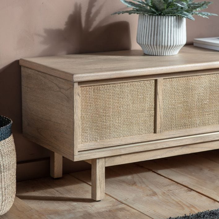 Haiku solid Mindi and Rattan Japandi Style Wood TV Stand | MalletandPlane.com
