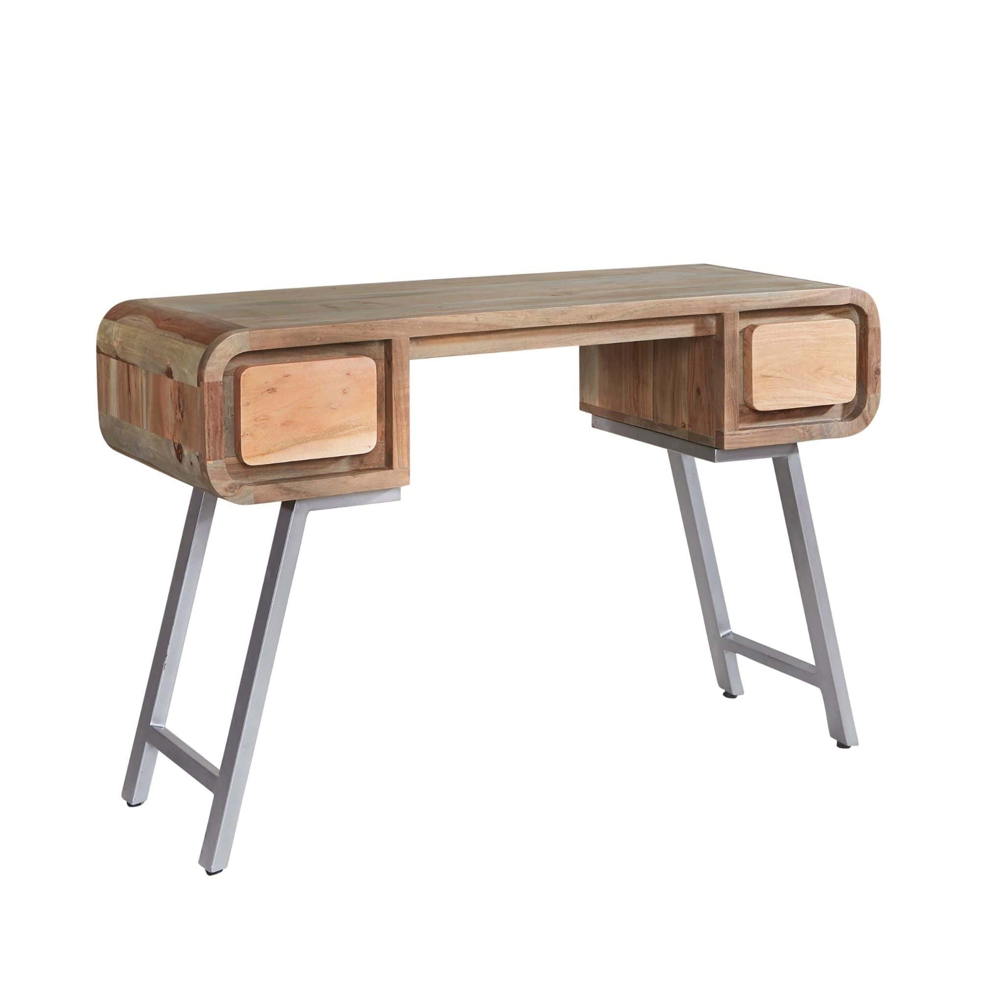 Kasia handmade home study desk with 2 drawers in solid acacia wood and reclaimed metal base | MalletandPlane.com