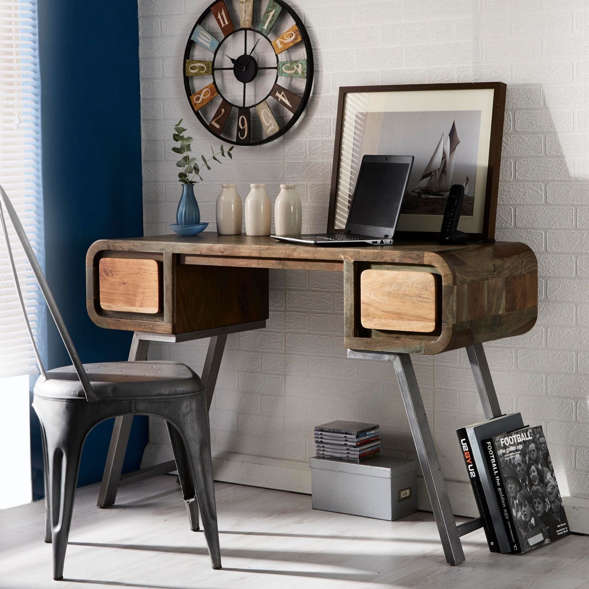 Kasia handmade home study desk with 2 drawers in solid acacia wood and reclaimed metal base | MalletandPlane.com