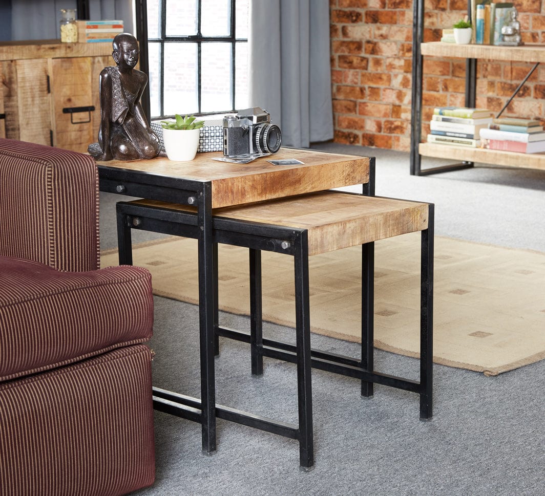 Oak and metal shop nest of tables