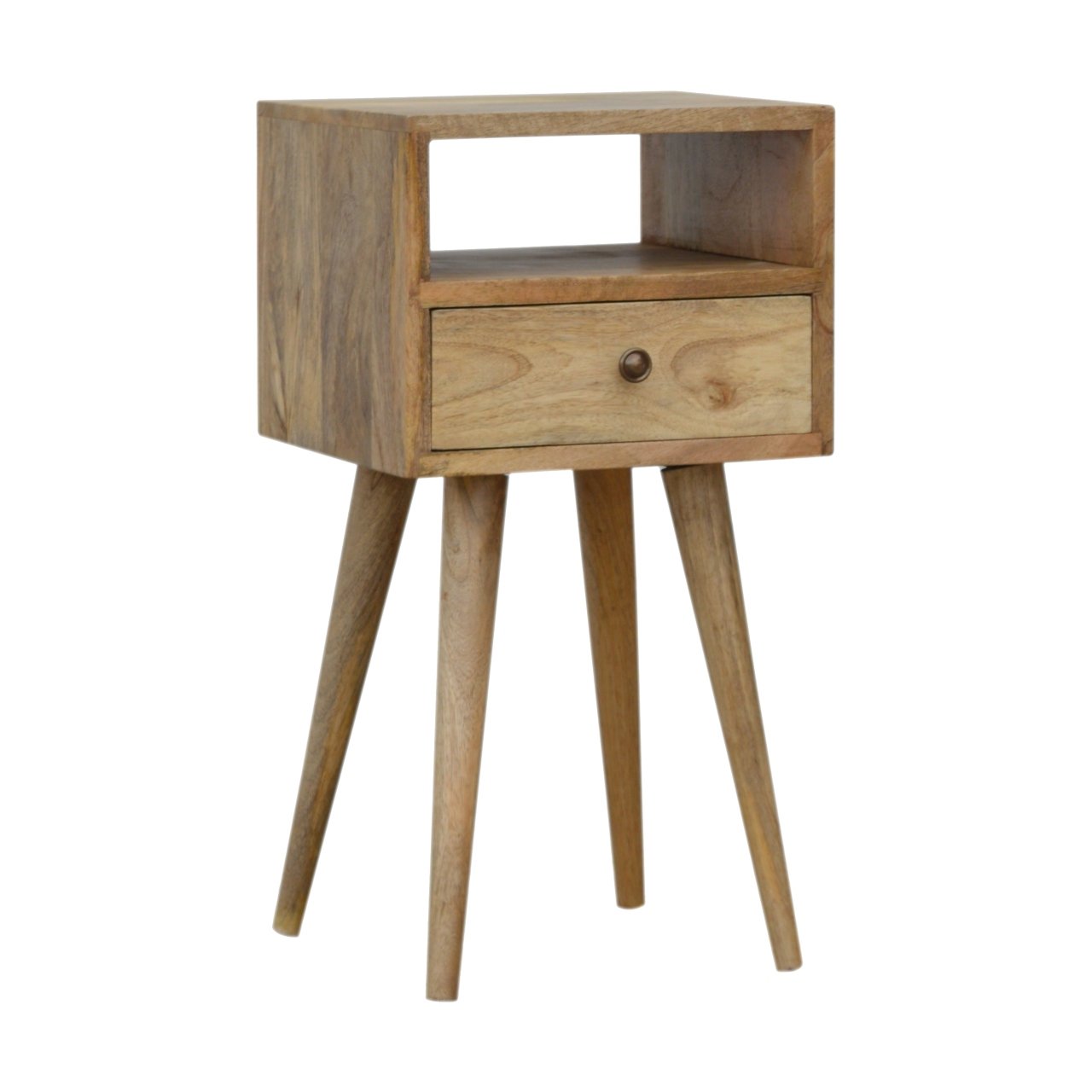 Ronan handmade solid mango wood small bedside table in a fine mango finish | malletandplane.com