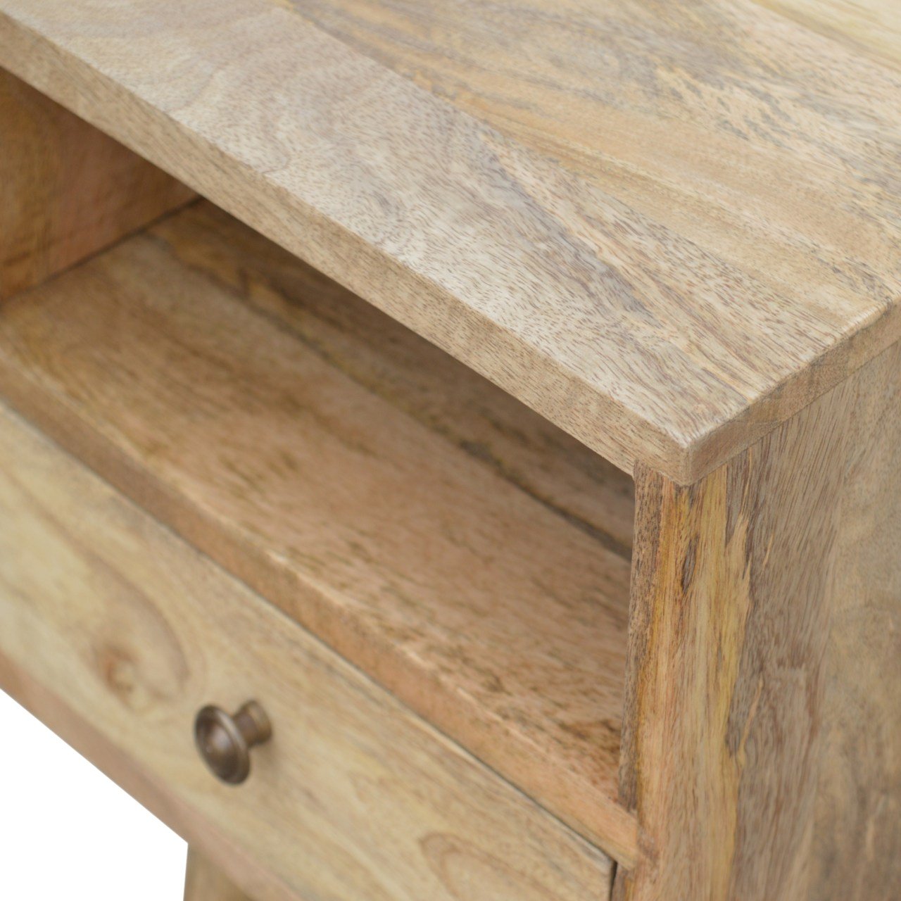 Ronan handmade solid mango wood small bedside table in a fine mango finish | malletandplane.com