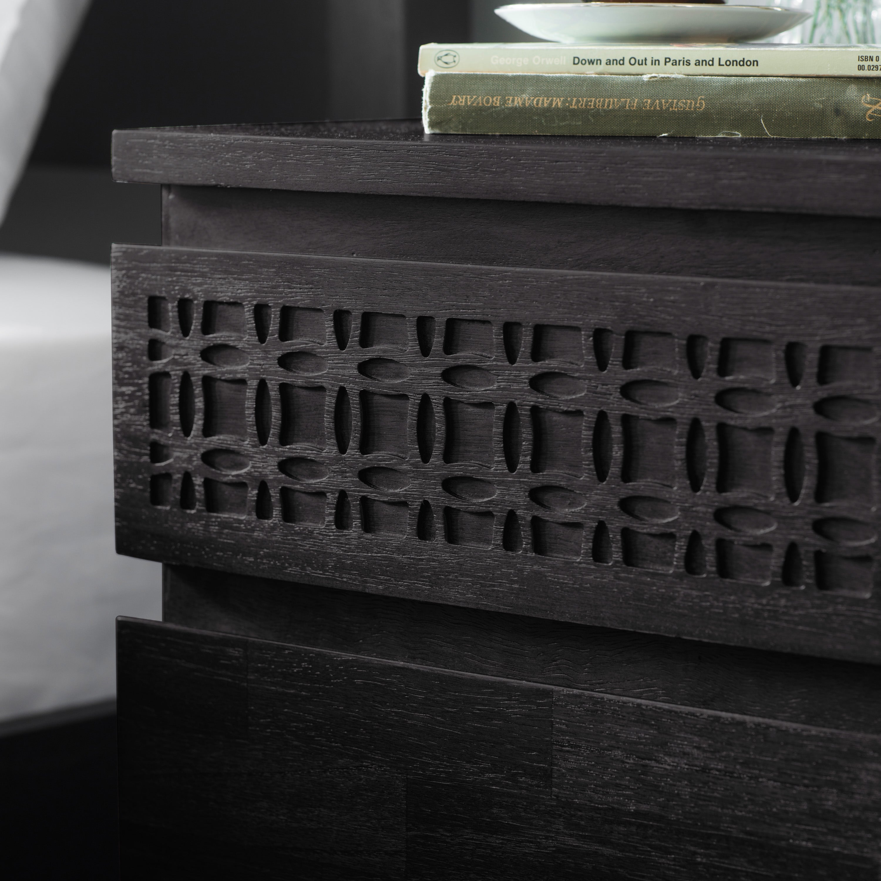 Laylah Black 2 Drawer Bedside Table - detail and lifestyle view 6