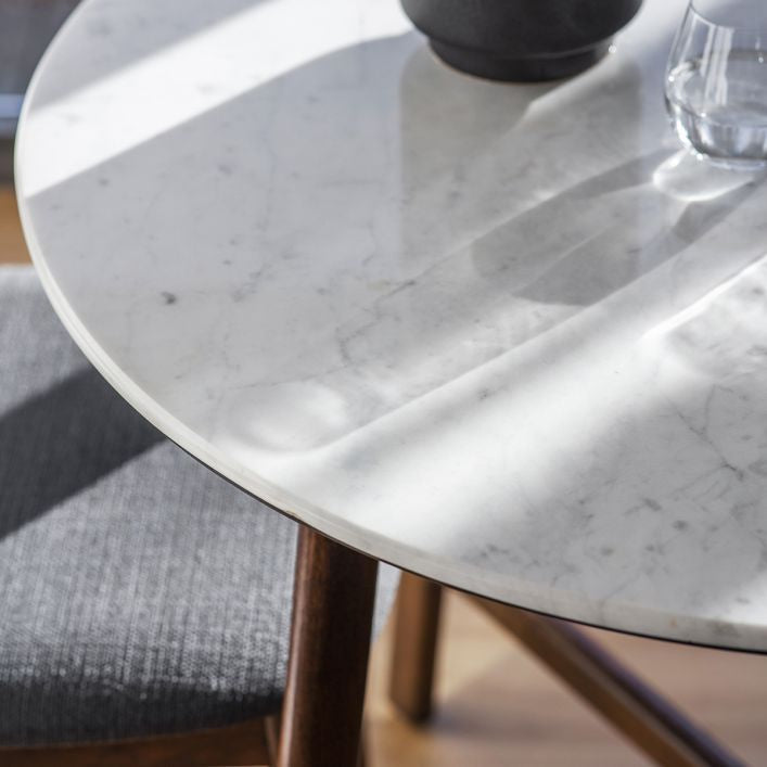 Fresca Round Dining Table with walnut frame and white marble top | malletandplane.com