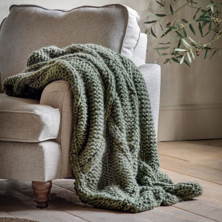 Knitted chunky cable throw in olive green | malletandplane.com
