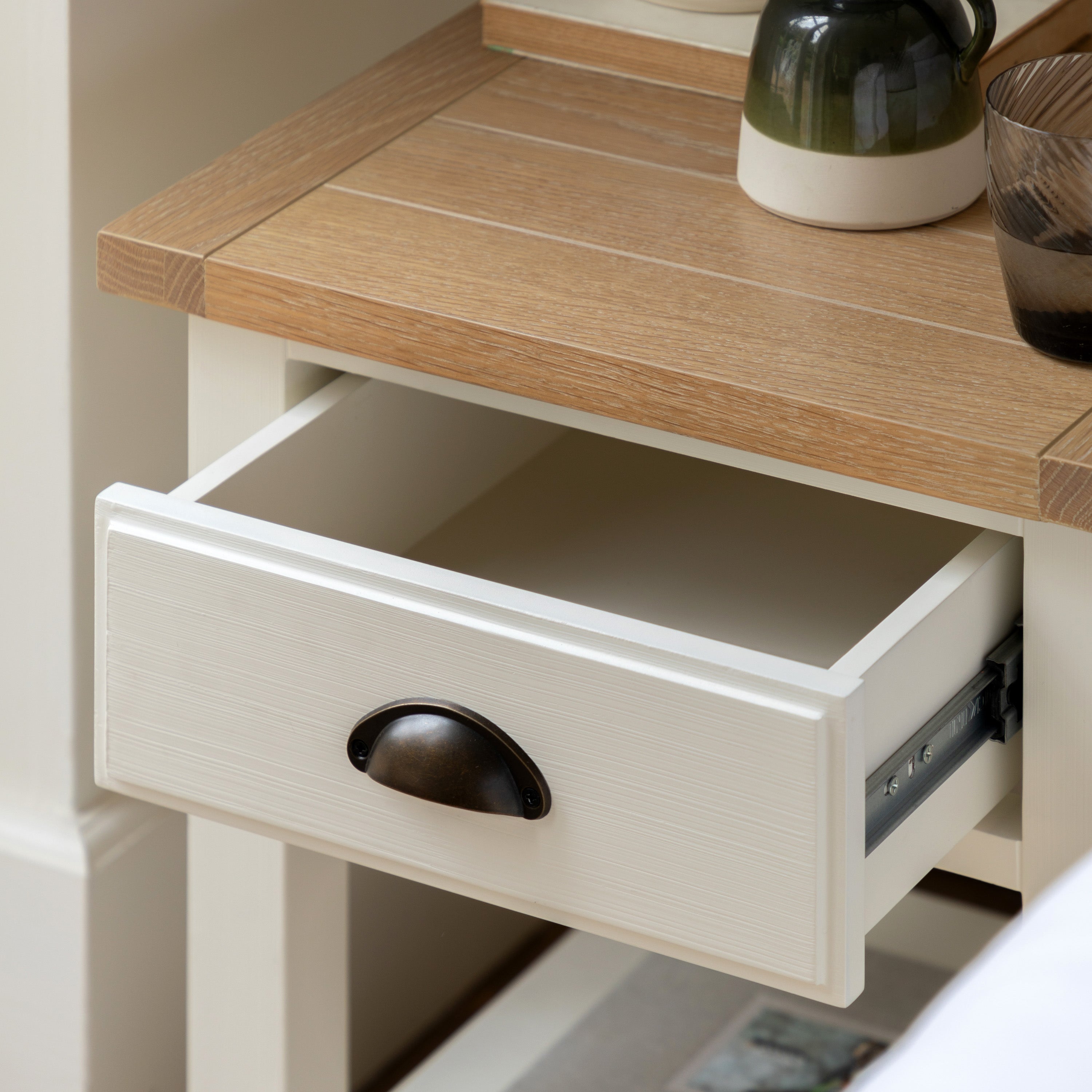 Jora White 1 Drawer / 1 Shelf Bedside Table - detail and lifestyle view 4