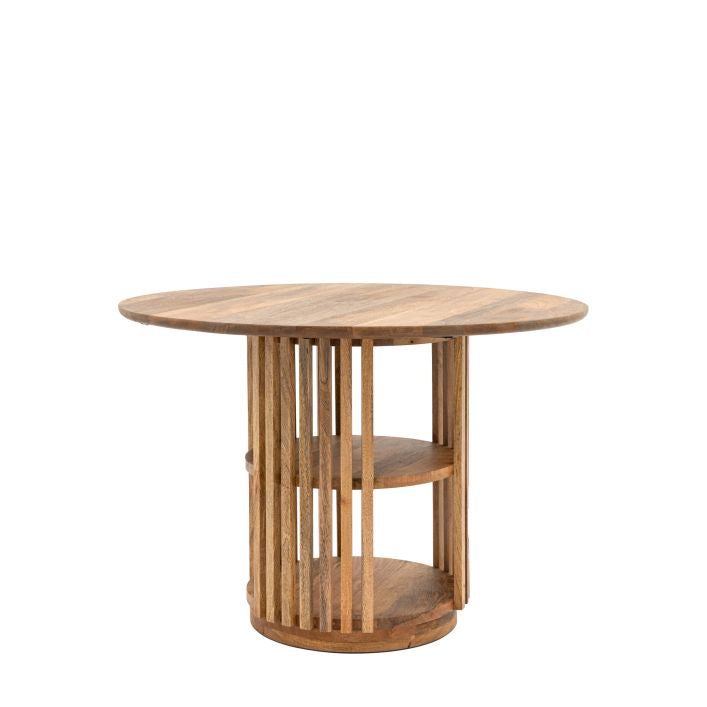 Nelson mango wood slatted round dining table with storage | malletandplane.com