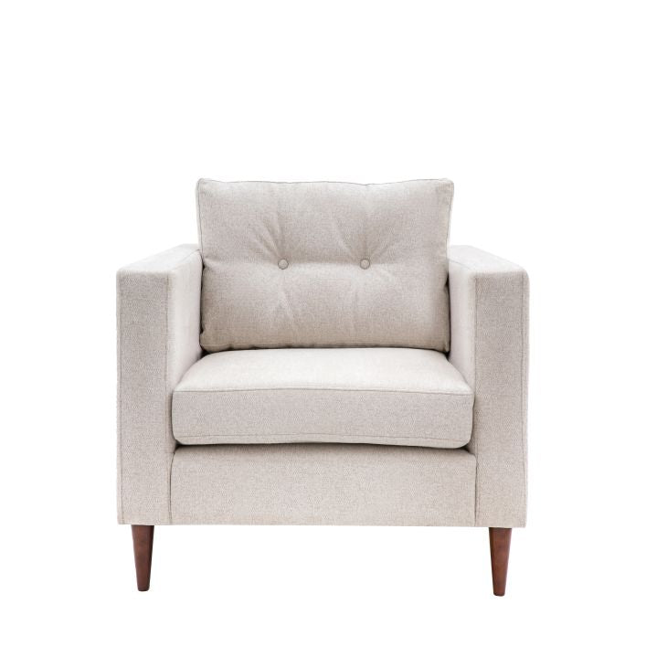 Chelsea contemporary armchair in a choice of 3 colours with elegant tapered wooden feet | malletandplane.com