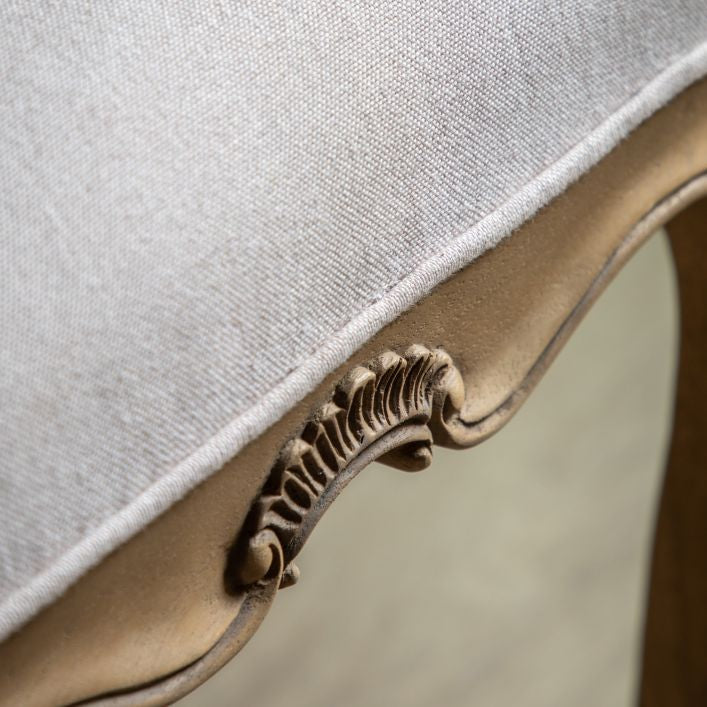 Marie weathered mindy wood dressing table stool with carved detail and linen upholstered seat | malletandplane.com