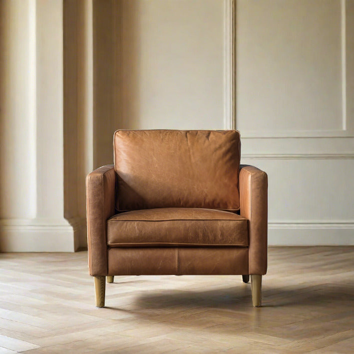 Granville top grain brown leather armchair with ash wood legs | malletandplane.com