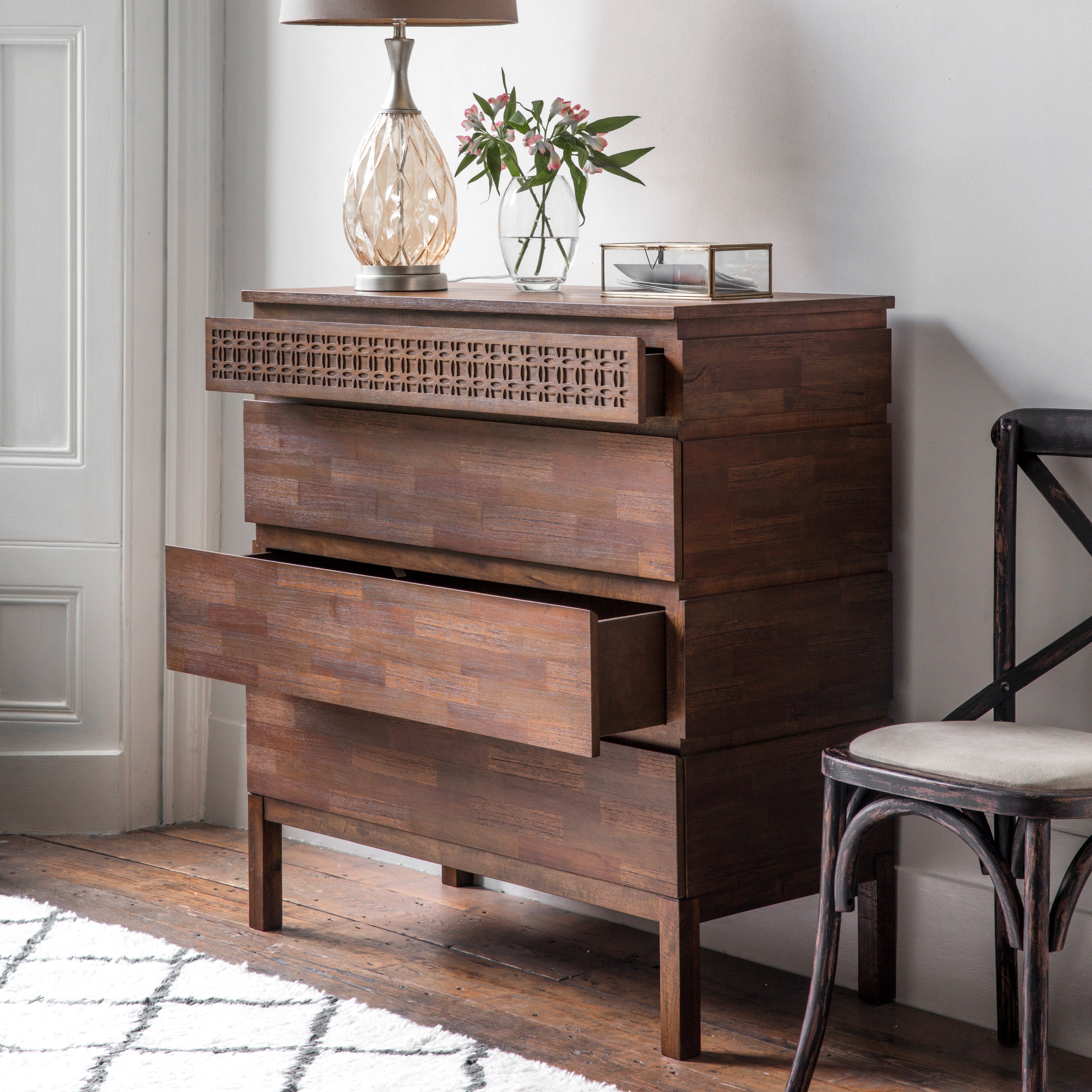 LAYLAH Brown 4 Drawer Chest of Drawers - detail and lifestyle view 5