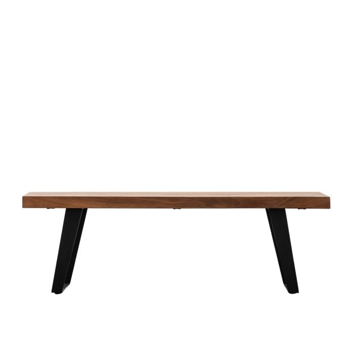 Pimlico Dining Bench in solid natural acacia wood with angular grey metal legs | MalletandPlane.com
